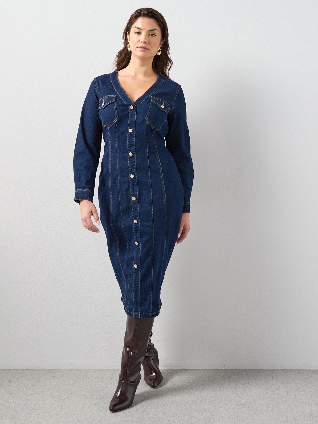  image of the-very-collection-curve-seam-detail-denim-dress-dark-wash