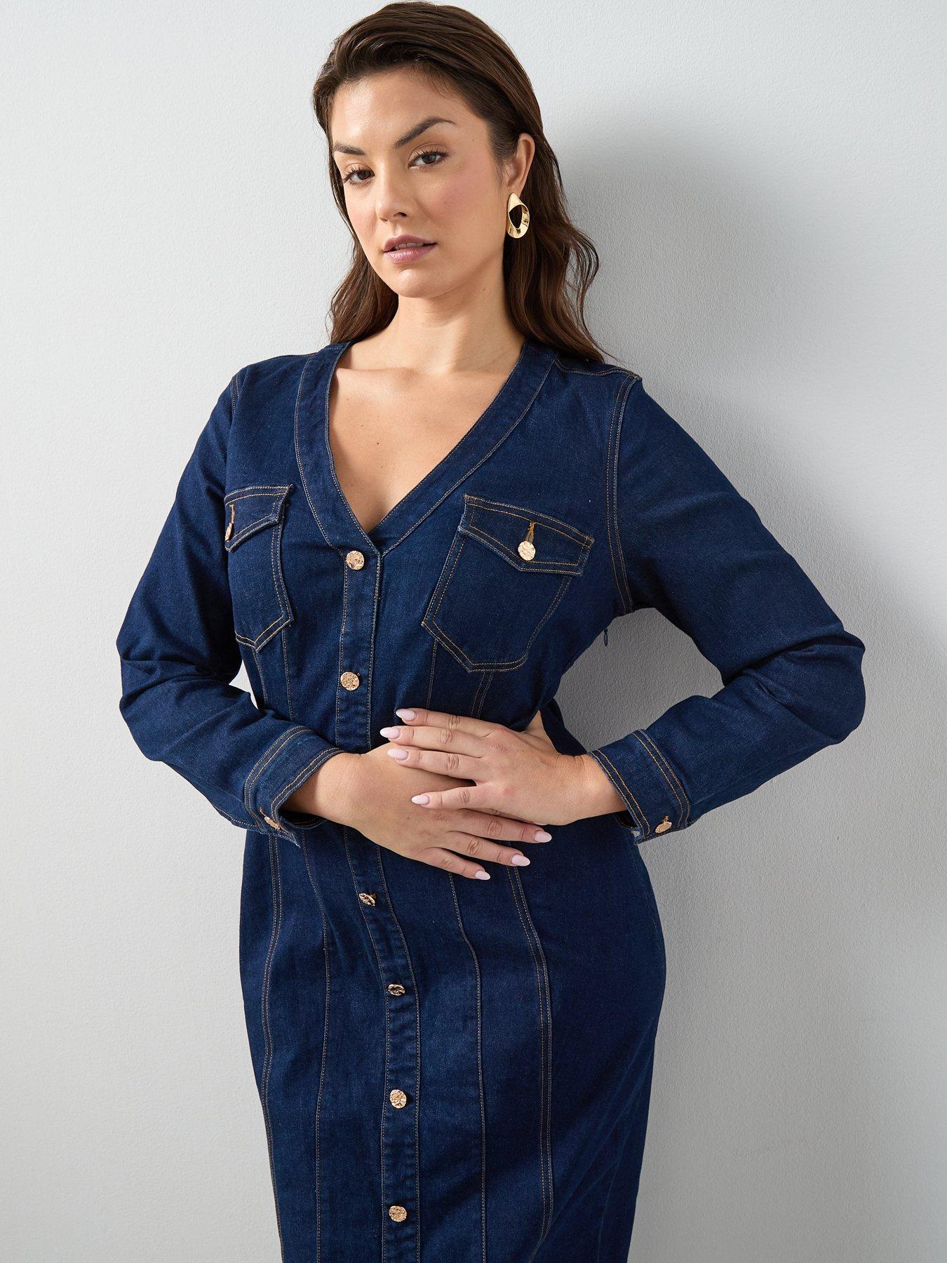  image of the-very-collection-curve-seam-detail-denim-dress-dark-wash