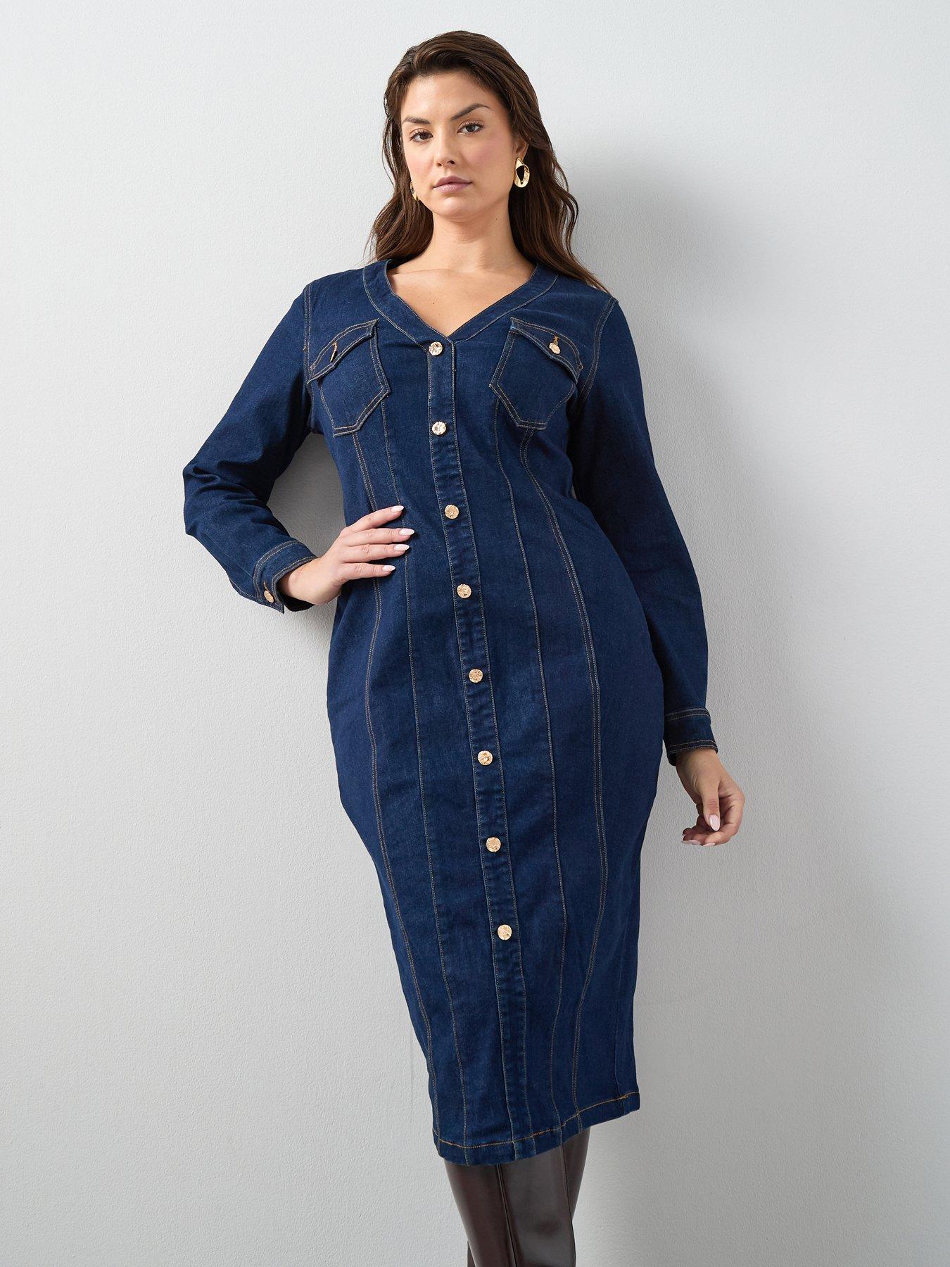  image of the-very-collection-curve-seam-detail-denim-dress-dark-wash