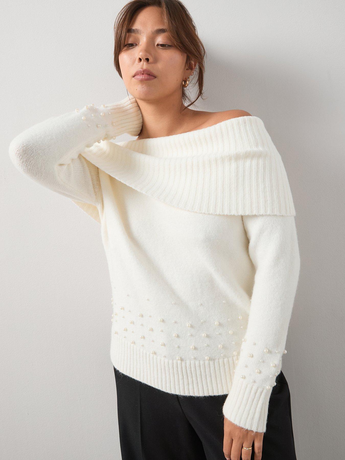 undefined Pearl Trim Off Shoulder Jumper - White