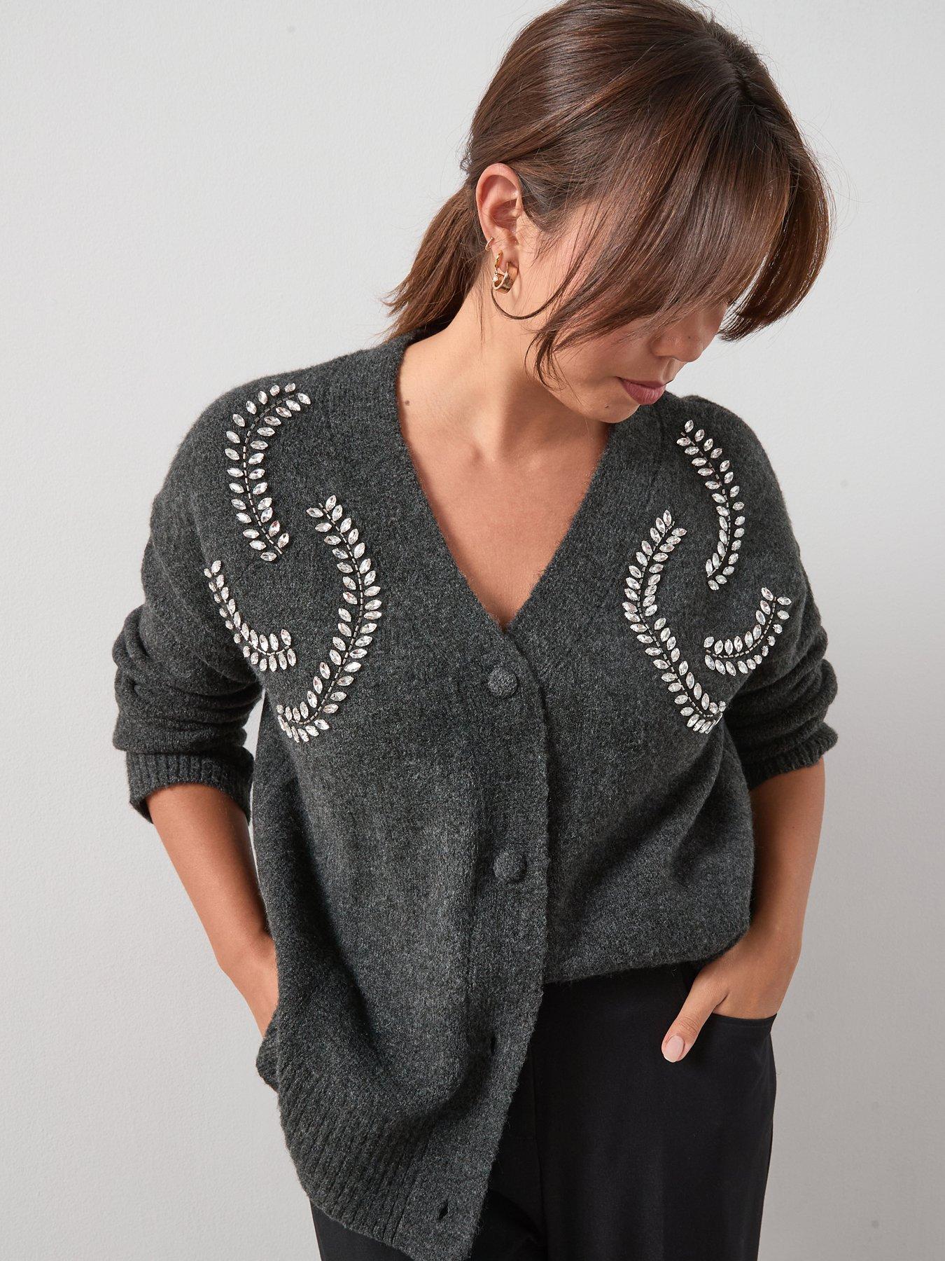 undefined Embellished V Neck Cardigan - Black