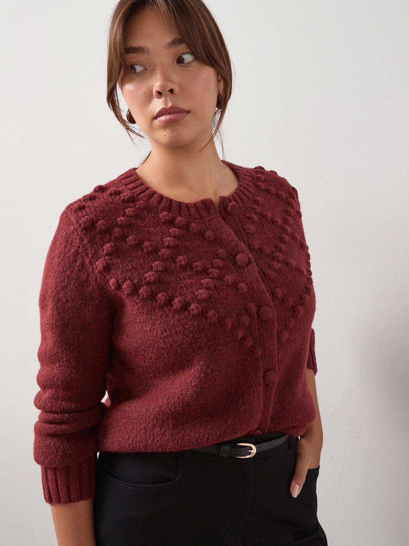 undefined Bobble Knit Crew Neck Cardigan - Red