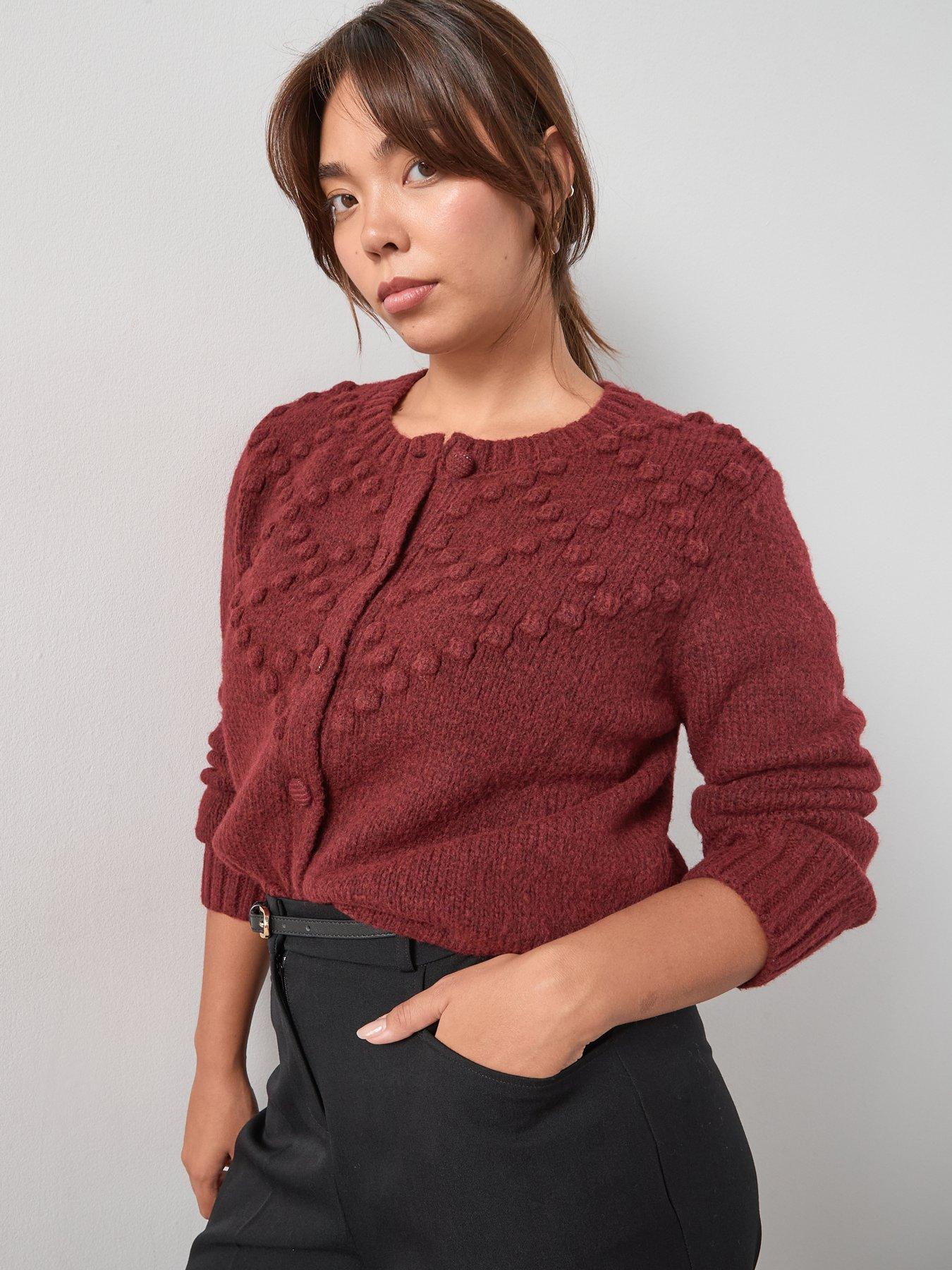 Image 4 of 6 of The Very Collection Curve Bobble Knit Crew Neck Cardigan - Red