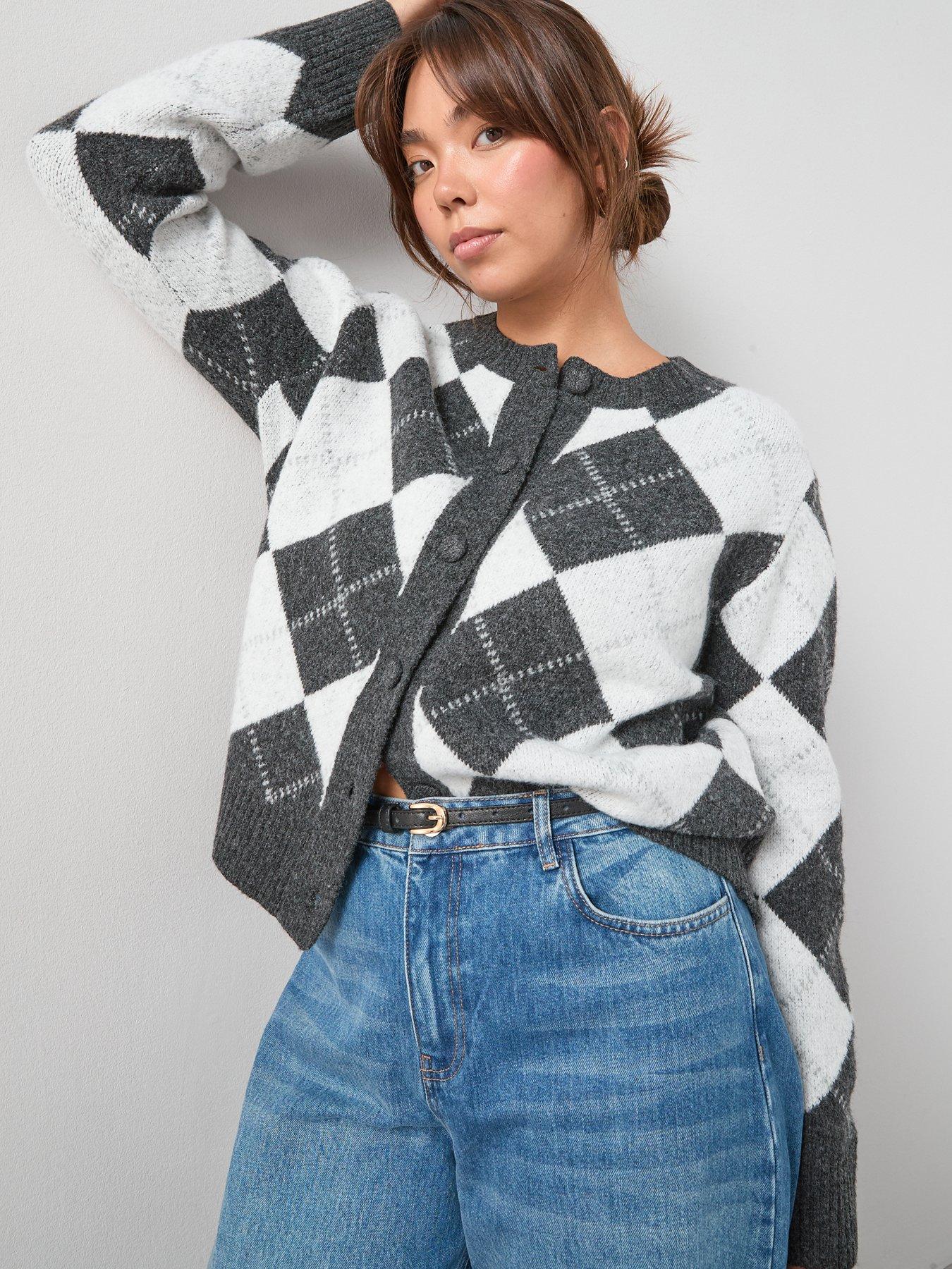 undefined Argyle Button Through Crew Neck Cardigan - Grey