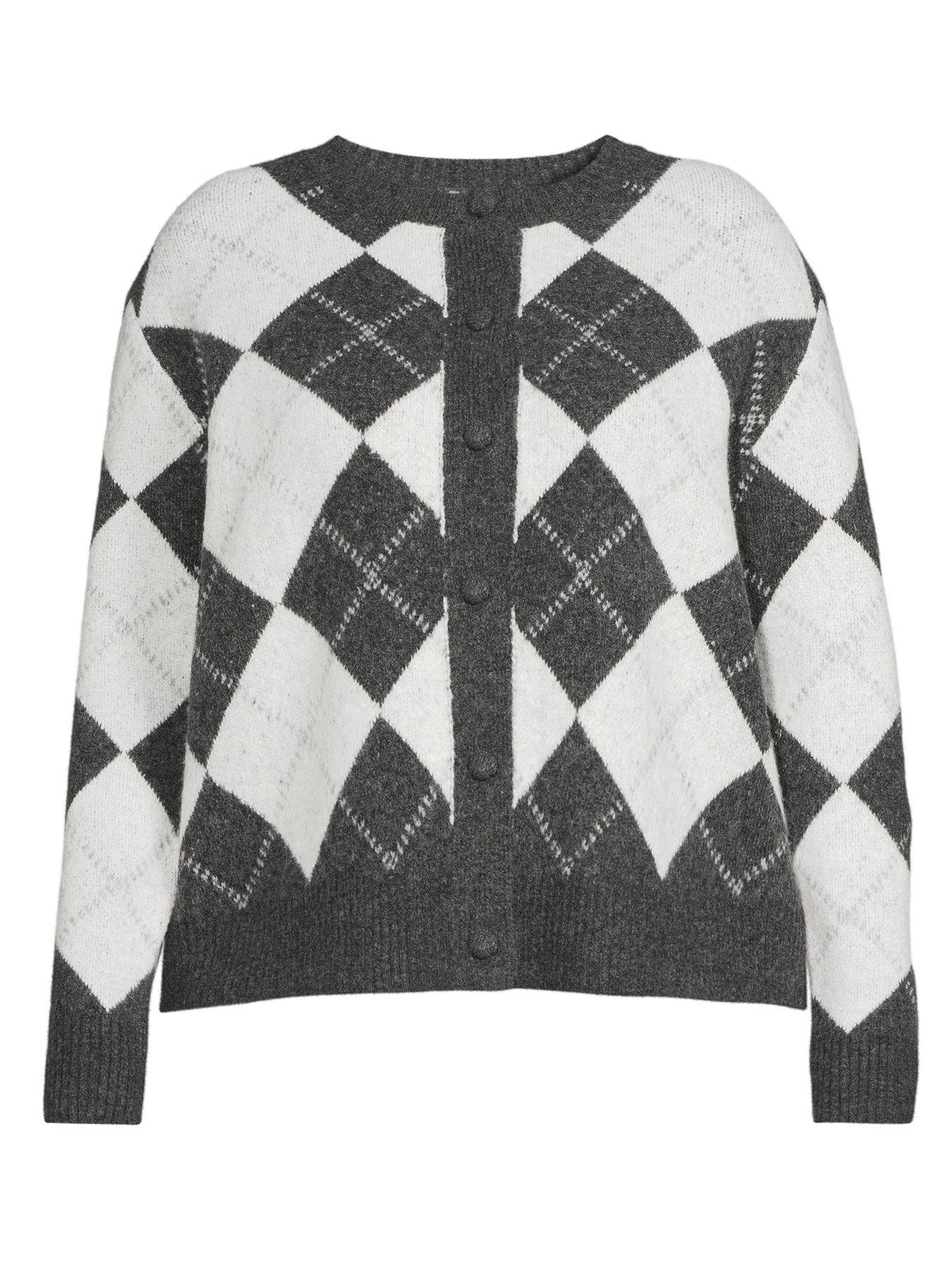 Image 7 of 7 of V by Very Curve Argyle Button Through Crew Neck Cardigan - Grey