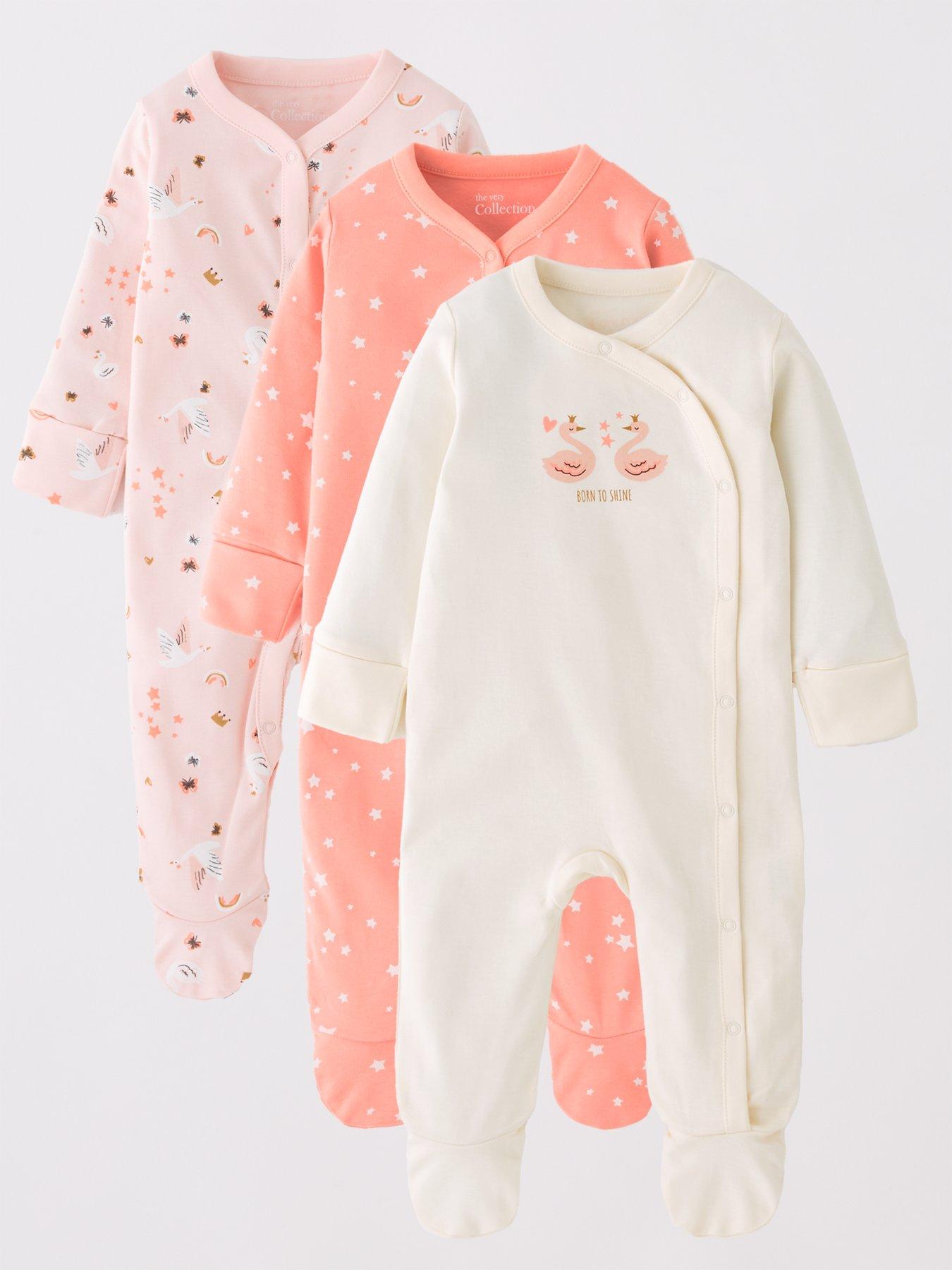 undefined Baby Girls 3 Pack Swan Princess Sleepsuits - Pink