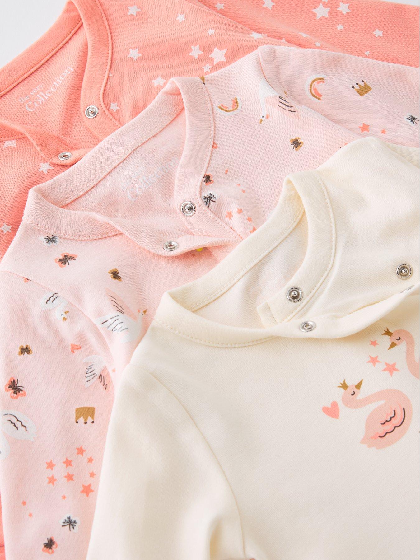 Image 4 of 5 of The Very Collection Baby Girls 3 Pack Swan Princess Sleepsuits - Pink