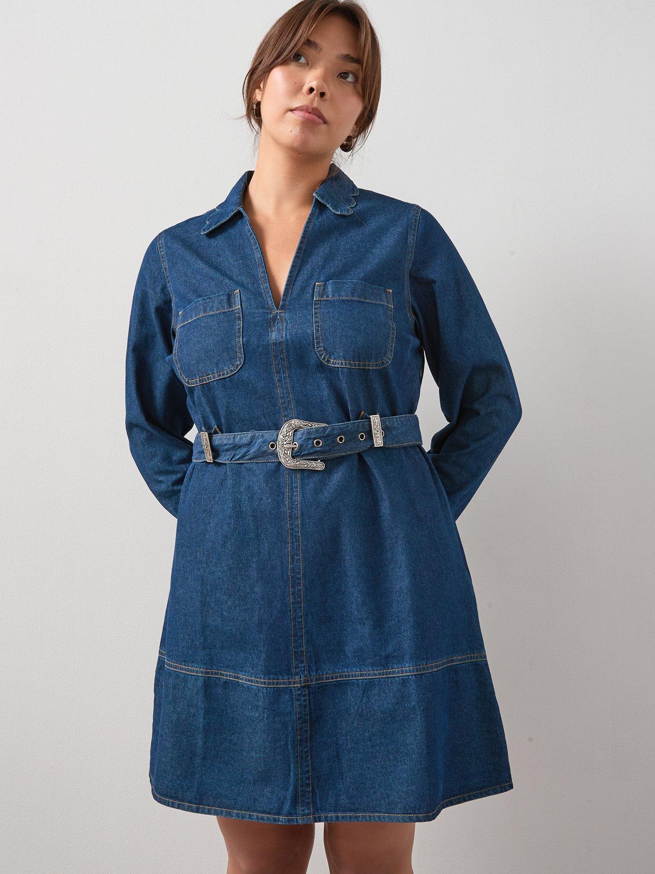 undefined Collar Detail Belted Denim Mini Dress - Dark Wash