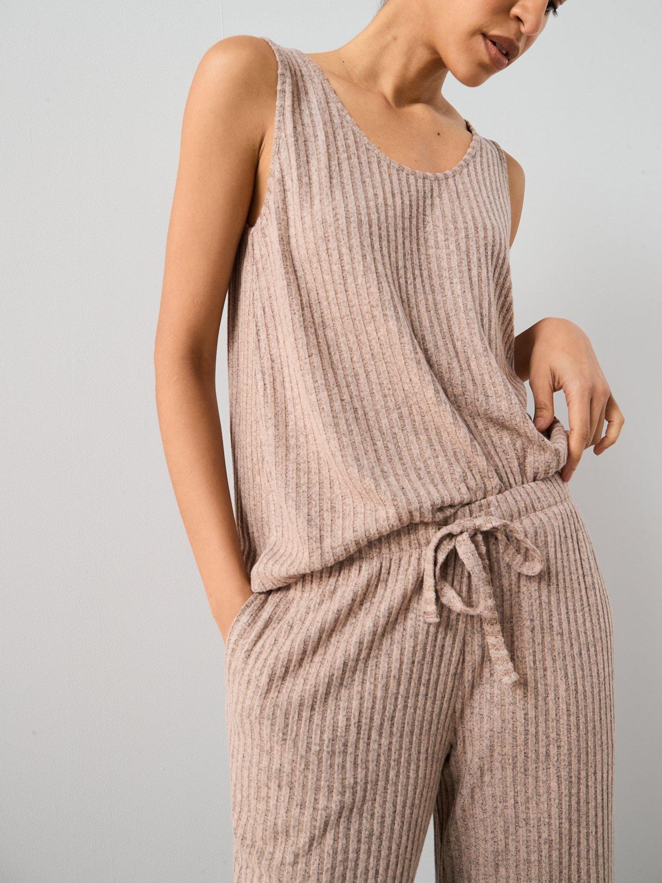 Image 6 of 6 of The Very Collection Vest And Straight Leg Rib Soft Touch Pyjama Set - Brown