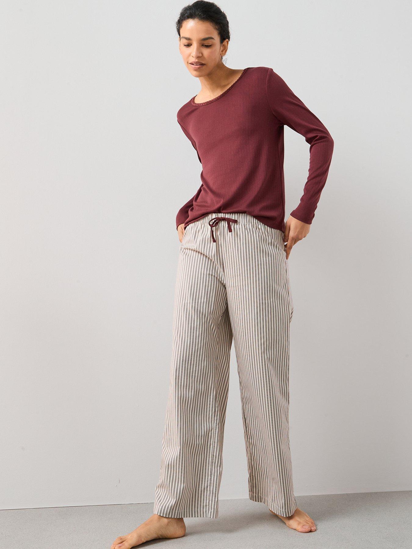 undefined Pointelle Henley With Stripe Woven Wide Leg Pj Set