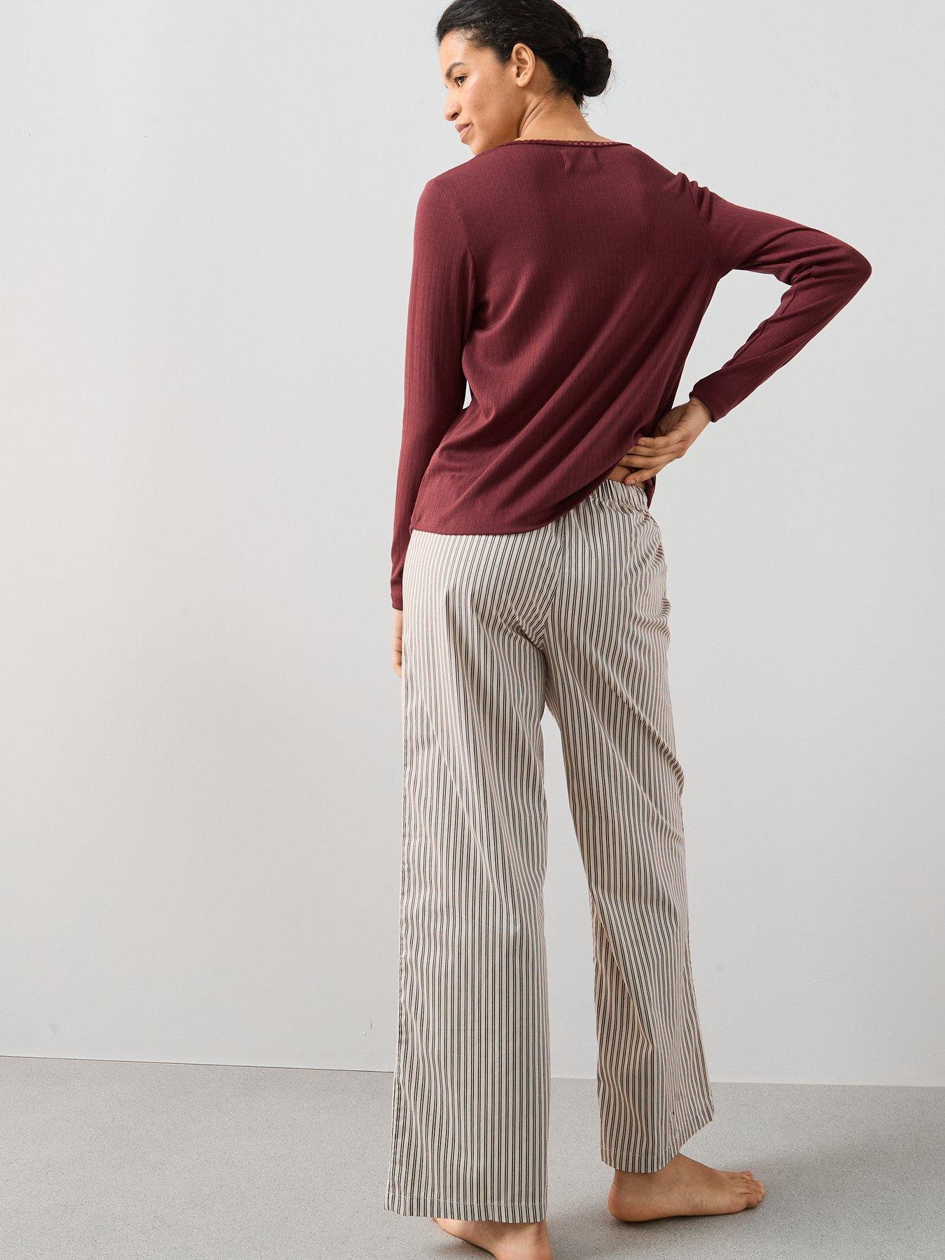Image 2 of 6 of The Very Collection Pointelle Henley With Stripe Woven Wide Leg Pj Set