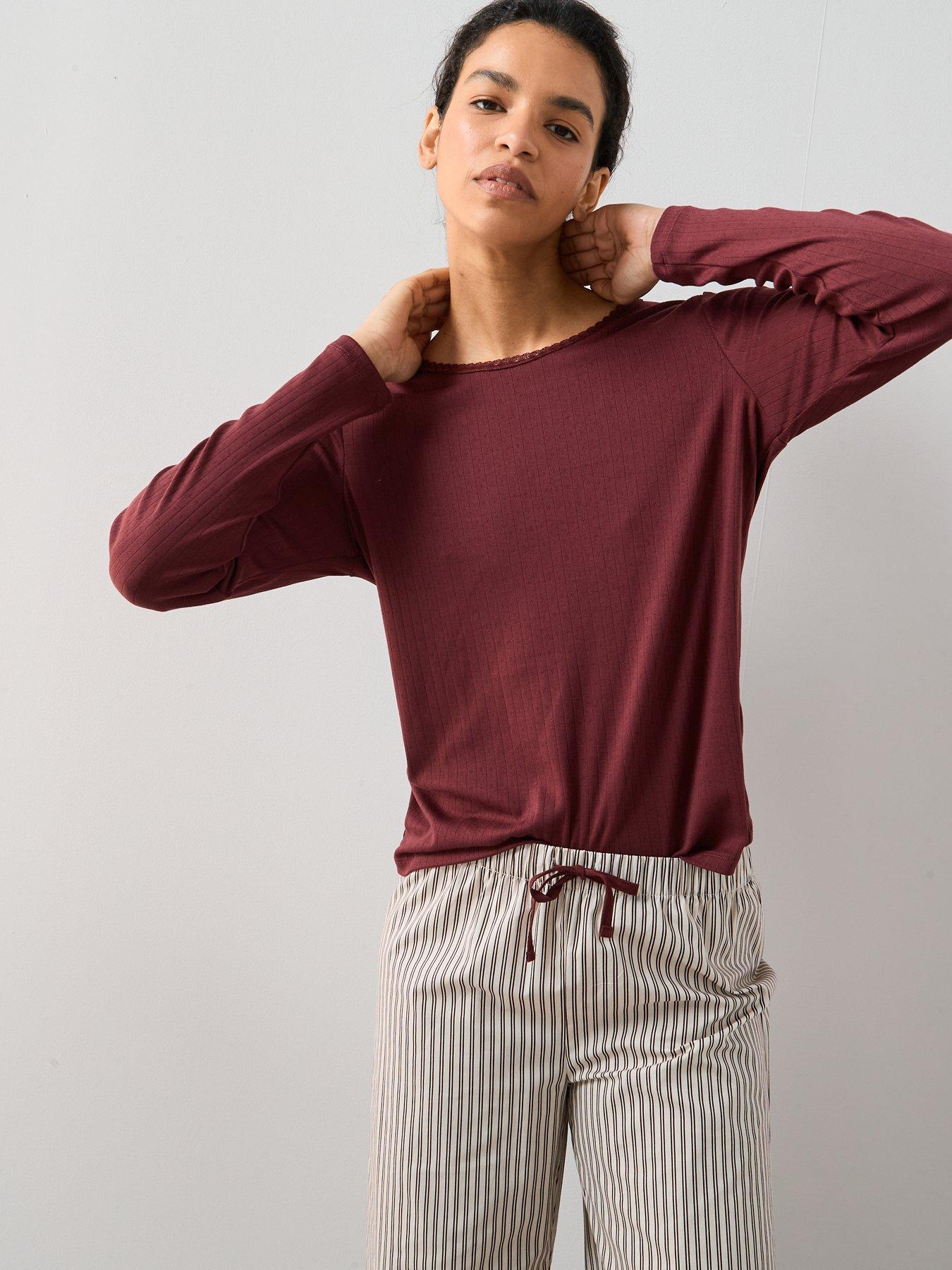 Image 5 of 6 of The Very Collection Pointelle Henley With Stripe Woven Wide Leg Pj Set