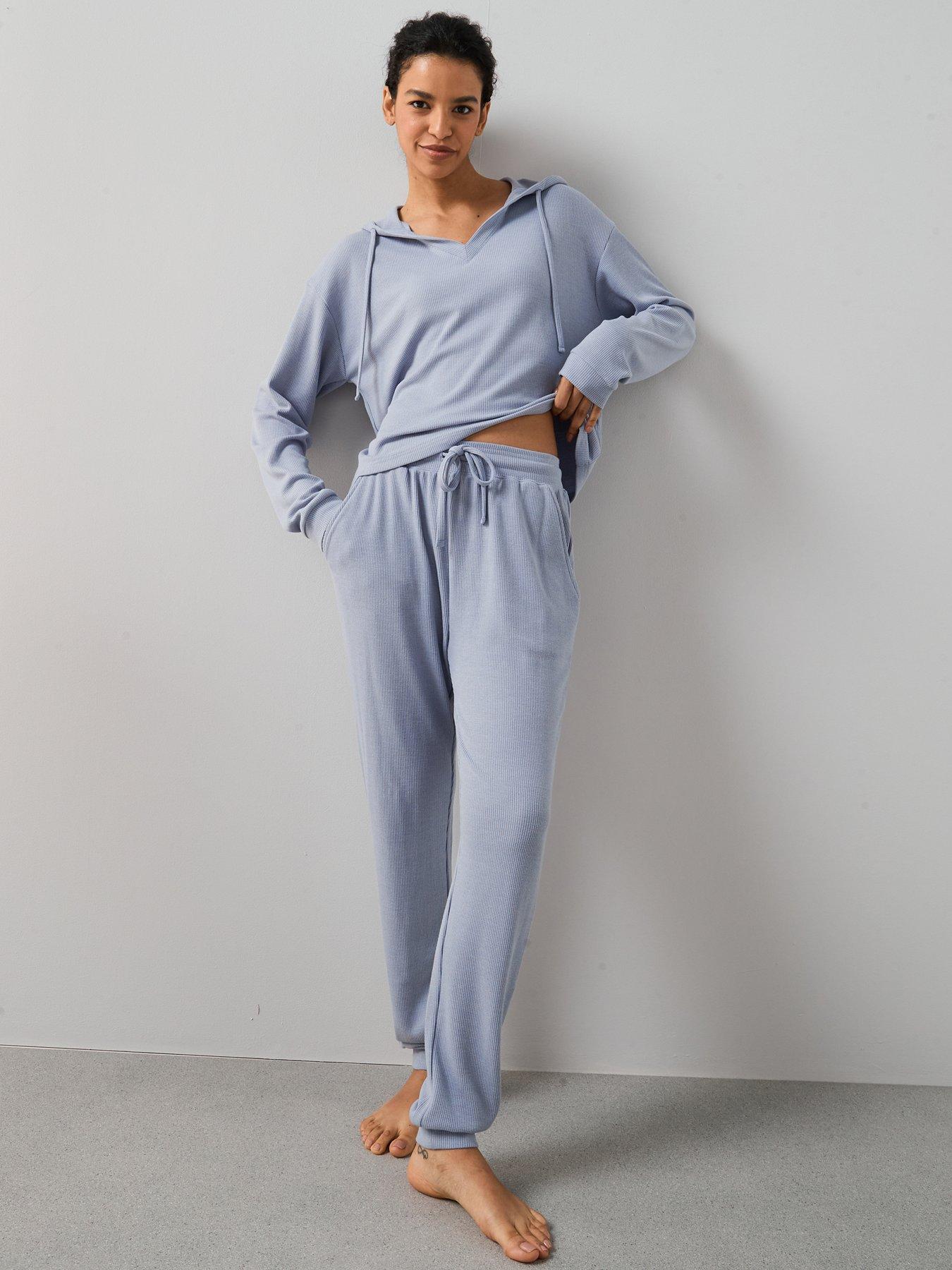 Image 1 of 6 of The Very Collection Rib Neck Hoodie And Jogger Loungewear Set - Blue