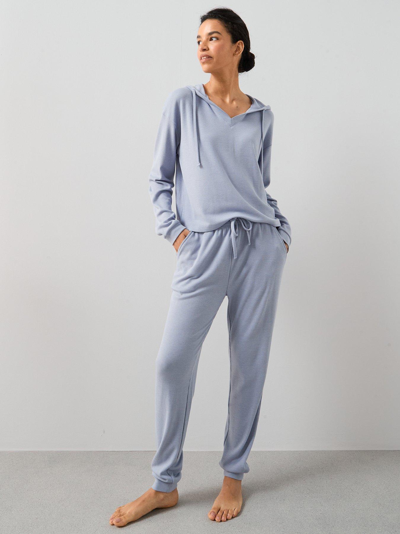 Image 3 of 6 of The Very Collection Rib Neck Hoodie And Jogger Loungewear Set - Blue
