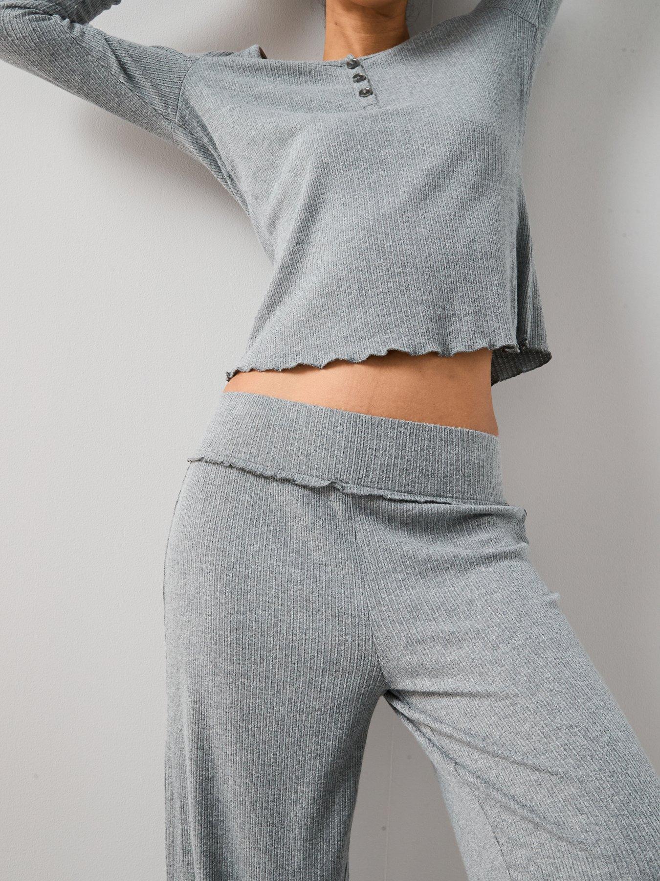 Image 4 of 6 of The Very Collection Soft Touch Rib Henley With Wide Leg Pyjama Set - Grey