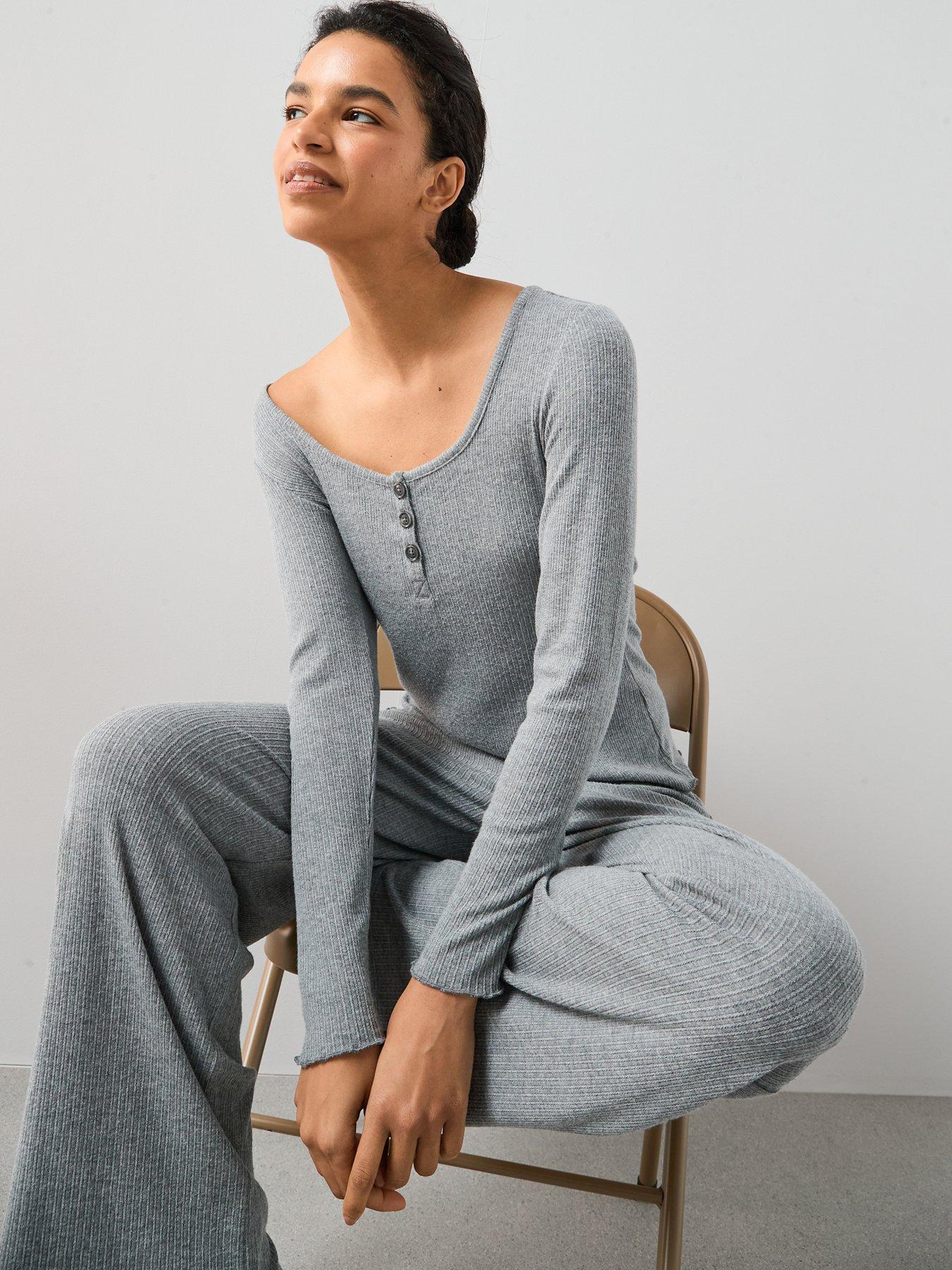 Image 5 of 6 of The Very Collection Soft Touch Rib Henley With Wide Leg Pyjama Set - Grey