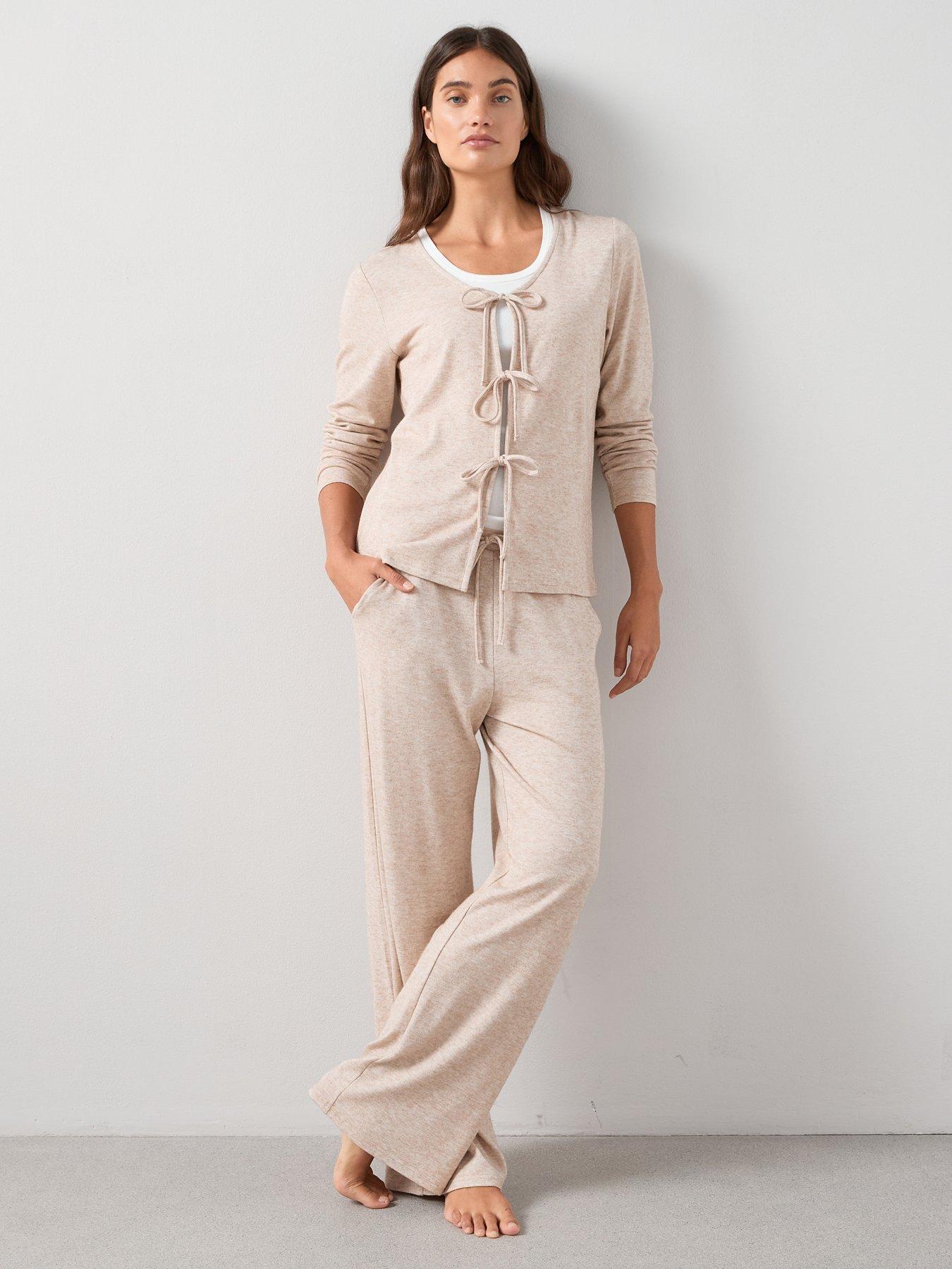 Image 1 of 6 of The Very Collection Soft Touch Rib Tie Front and Wide Leg Loungewear Set - Beige