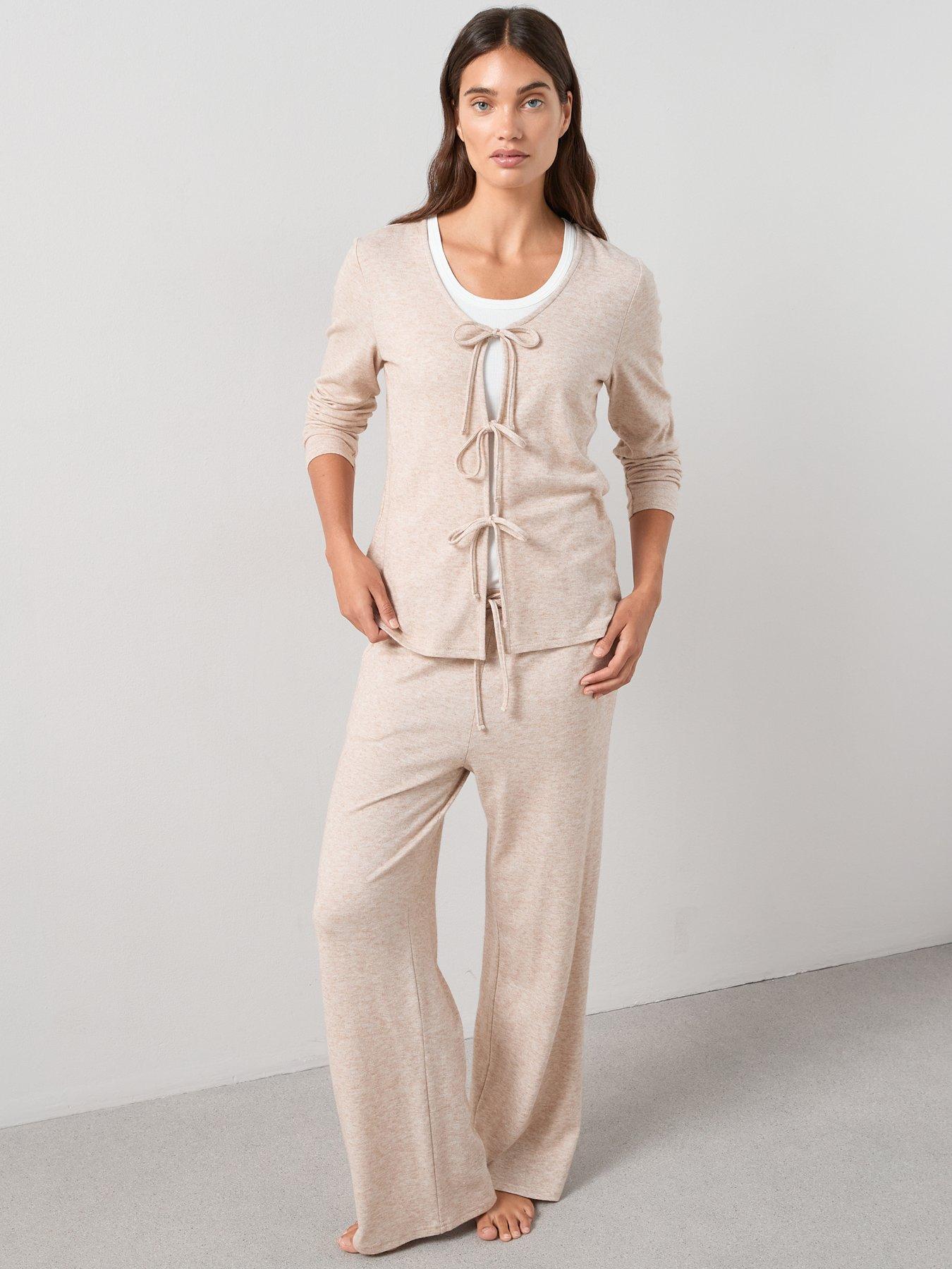 Image 3 of 6 of The Very Collection Soft Touch Rib Tie Front and Wide Leg Loungewear Set - Beige