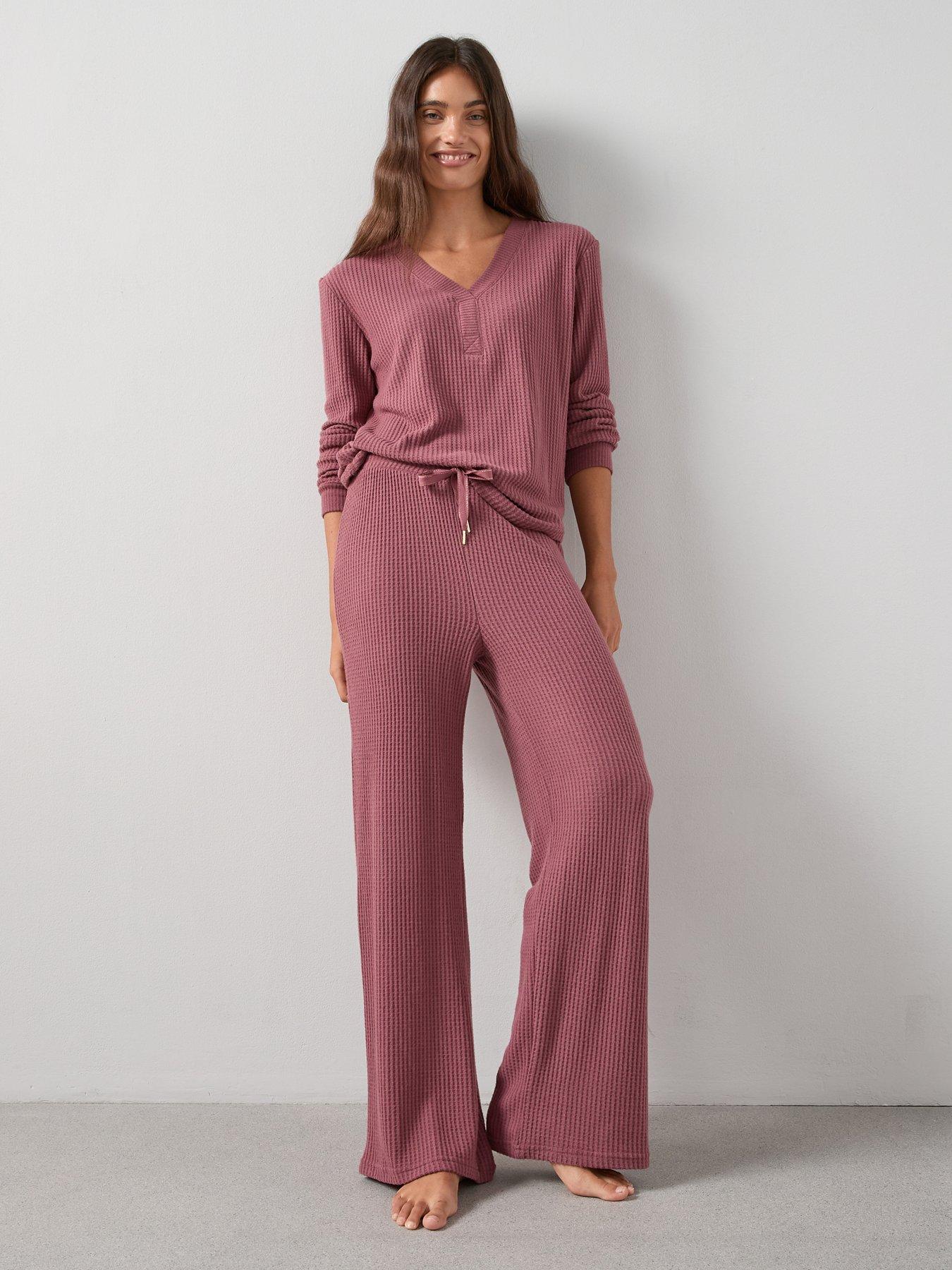 undefined V Neck Long Sleeve Waffle Top with Wide Leg Loungewear Set - Red