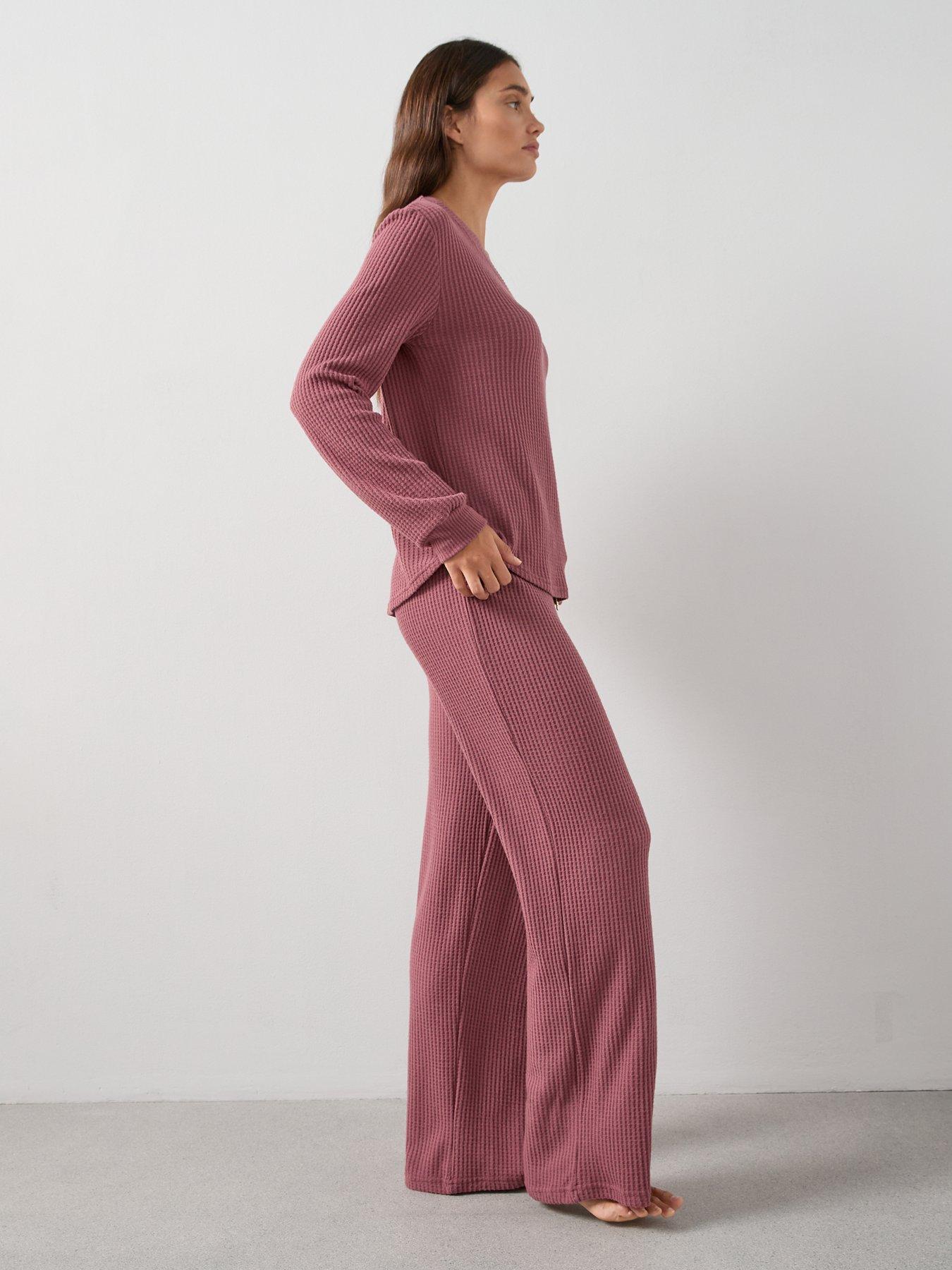 Image 3 of 6 of The Very Collection V Neck Long Sleeve Waffle Top with Wide Leg Loungewear Set - Red