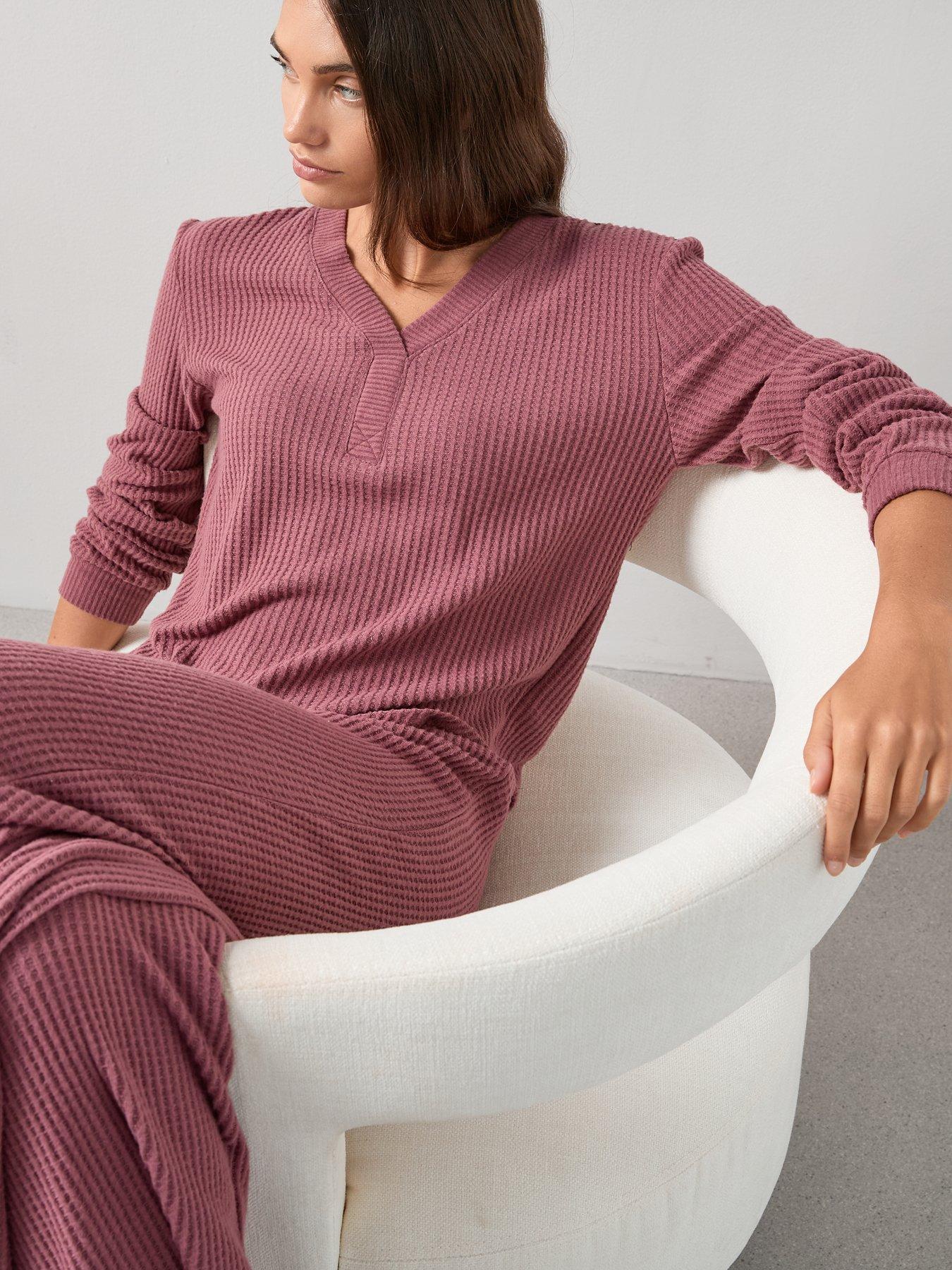 Image 5 of 6 of The Very Collection V Neck Long Sleeve Waffle Top with Wide Leg Loungewear Set - Red