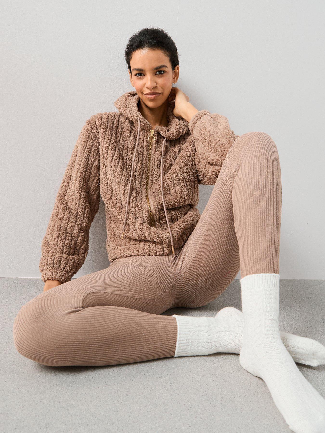 undefined Jacquard Rib Wellsoft Zip Through Loungewear Set - Beige