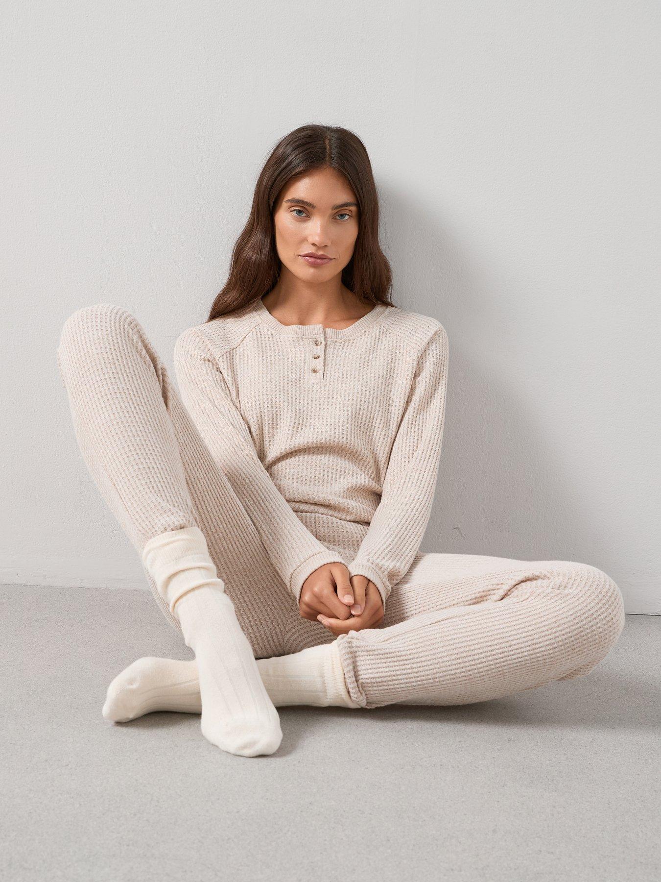 undefined Waffle Textured Henley And Jogger Loungewear Set - Beige