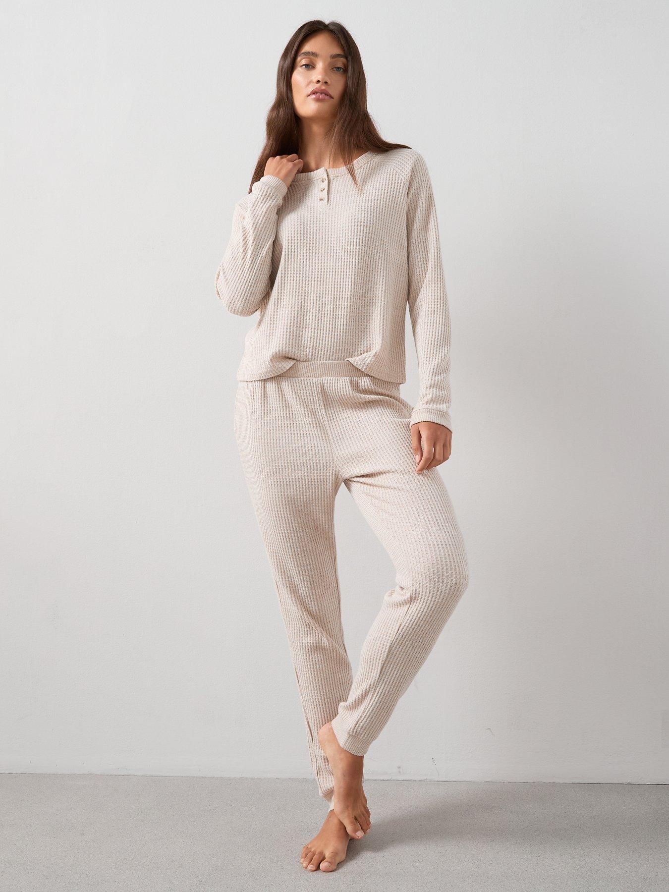 Image 3 of 6 of The Very Collection Waffle Textured Henley And Jogger Loungewear Set - Beige