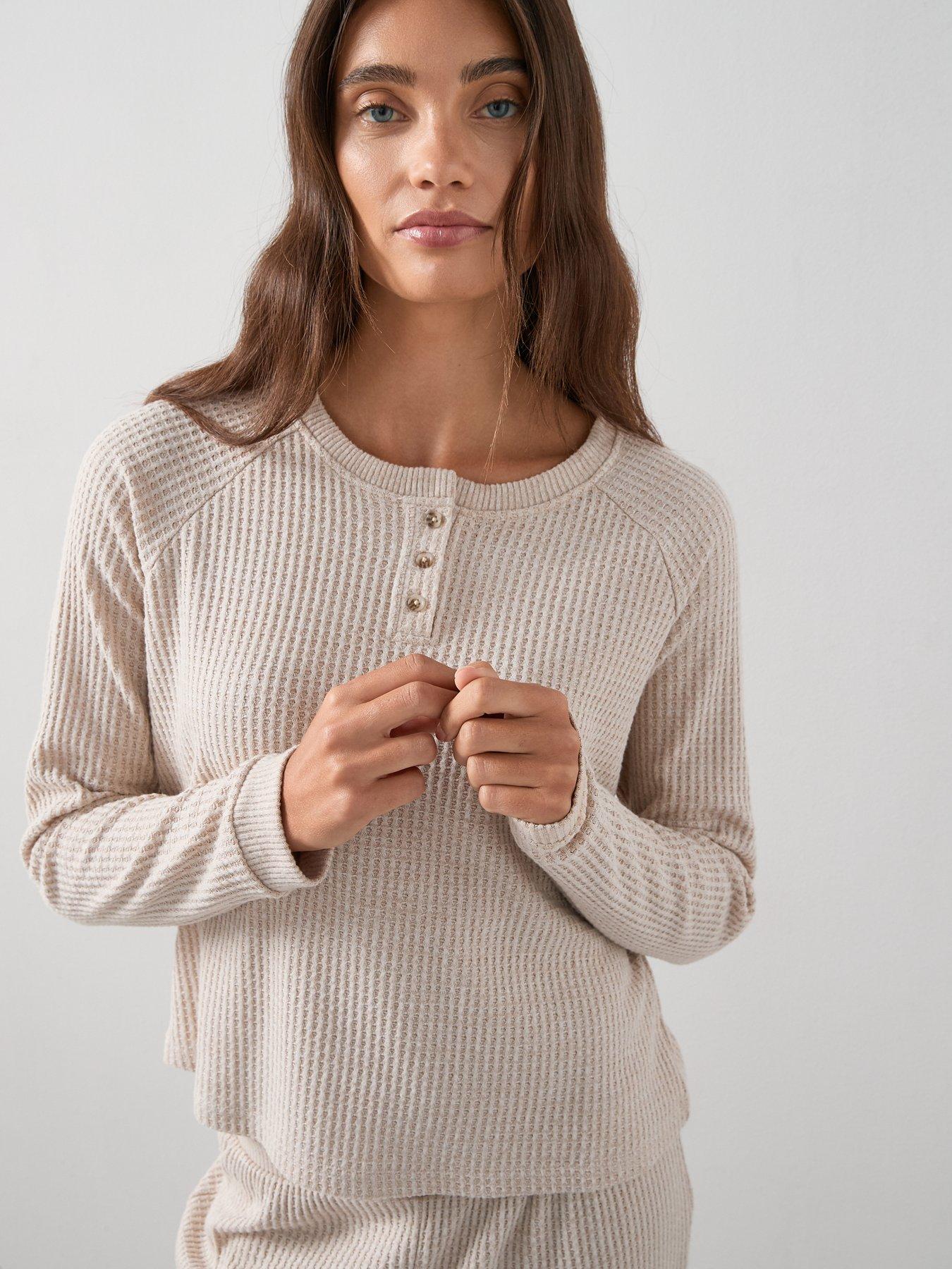 Image 5 of 6 of The Very Collection Waffle Textured Henley And Jogger Loungewear Set - Beige