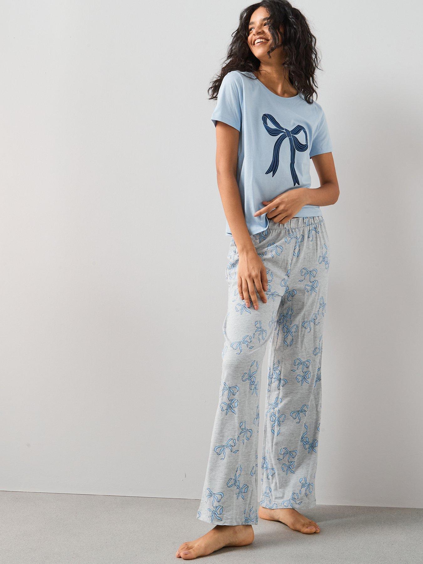 undefined Short Sleeve Bow Wide Leg Pj Set - Blue
