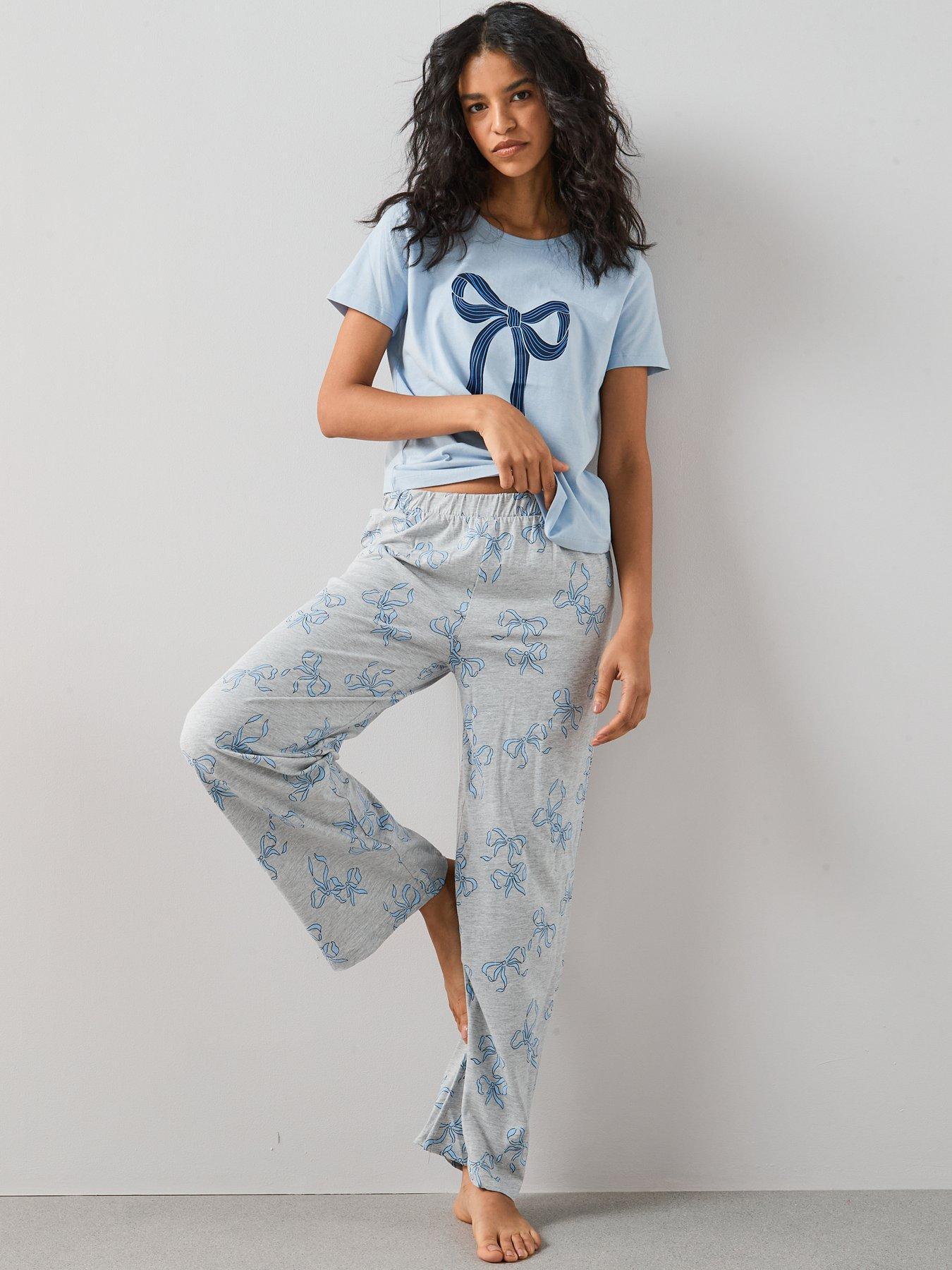 Image 3 of 6 of The Very Collection Short Sleeve Bow Wide Leg Pj Set - Blue