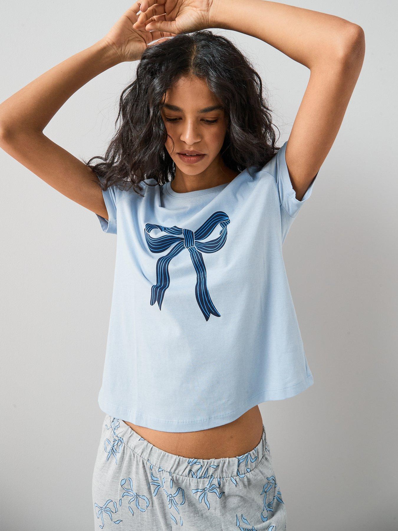 Image 6 of 6 of The Very Collection Short Sleeve Bow Wide Leg Pj Set - Blue