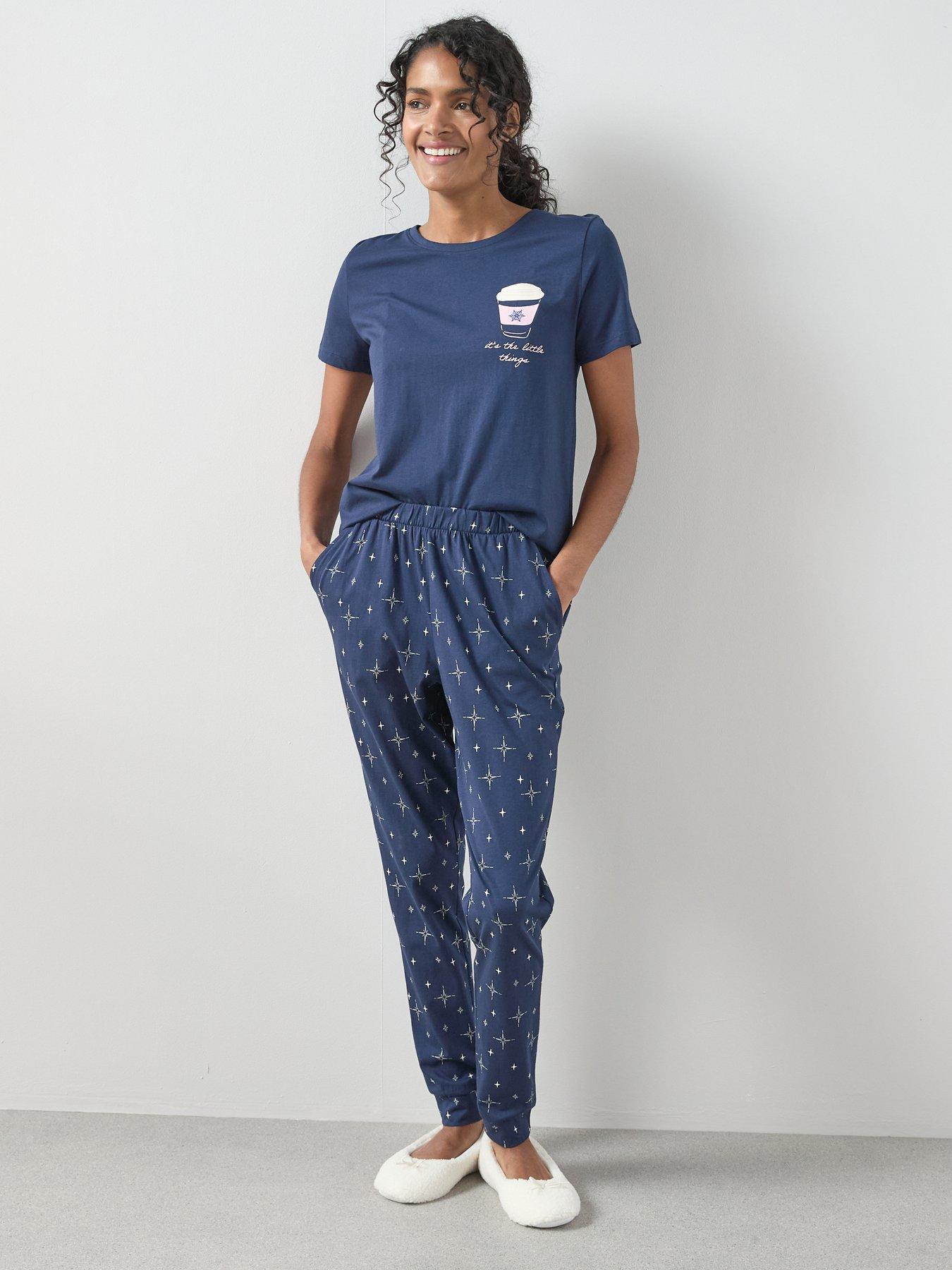  image of the-very-collection-short-sleeve-coffee-cup-and-jogger-pj-set-navy