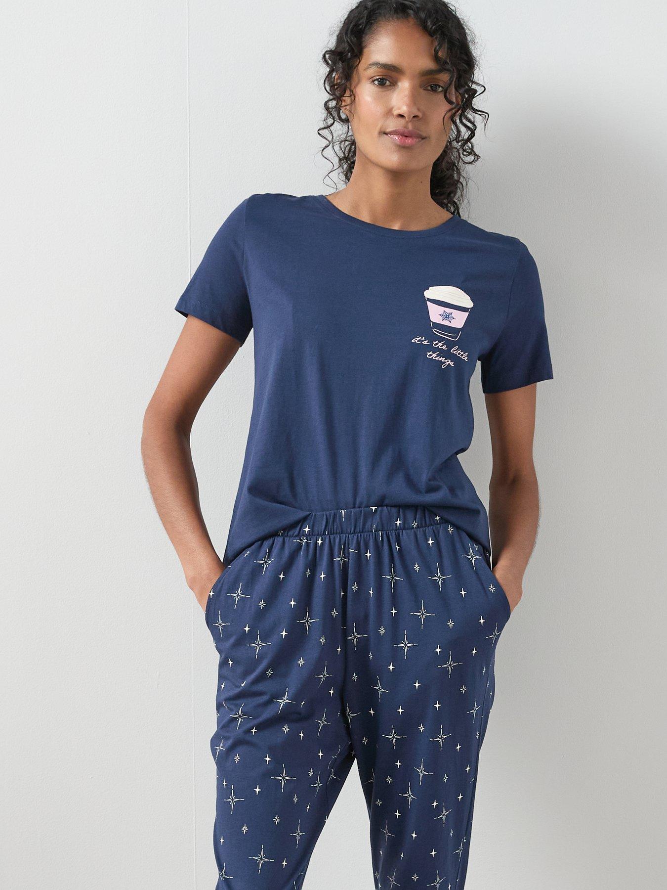  image of the-very-collection-short-sleeve-coffee-cup-and-jogger-pj-set-navy