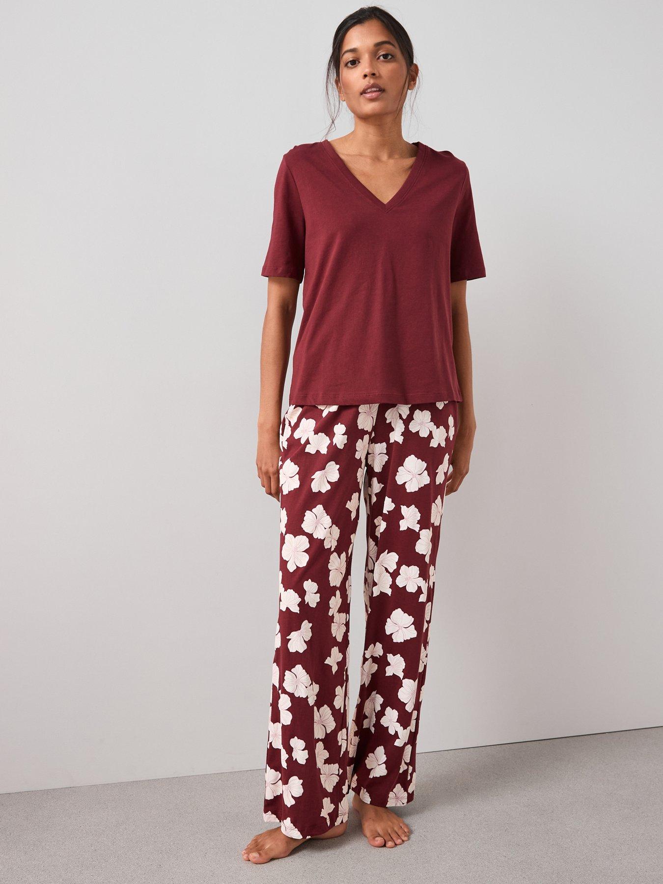 The Very Collection V Neck Tshirt With Floral Aop Wide Leg Pj Set - Burgundy