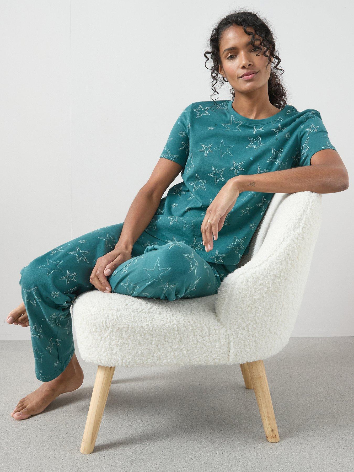  image of the-very-collection-star-print-short-sleeve-t-shirt-and-slim-leg-pyjama-set-teal