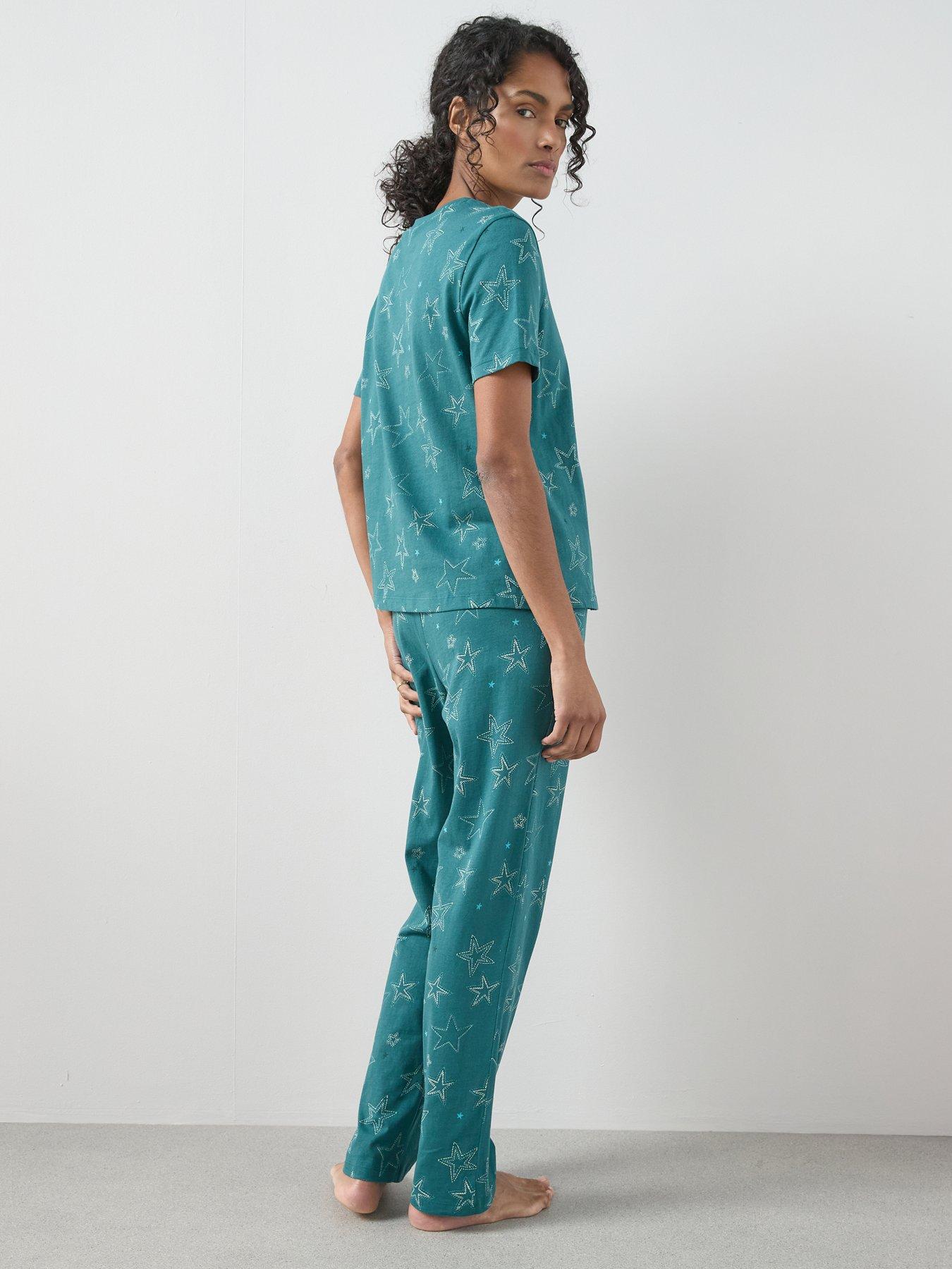  image of the-very-collection-star-print-short-sleeve-t-shirt-and-slim-leg-pyjama-set-teal