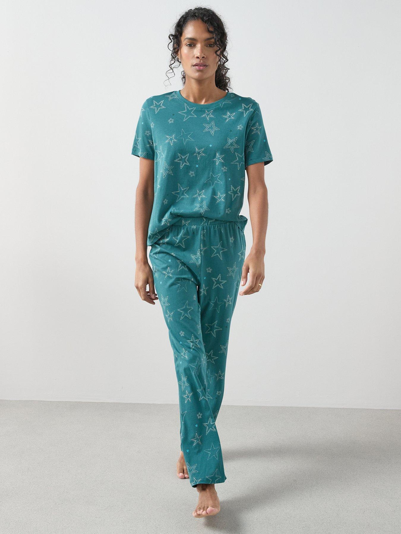  image of the-very-collection-star-print-short-sleeve-t-shirt-and-slim-leg-pyjama-set-teal