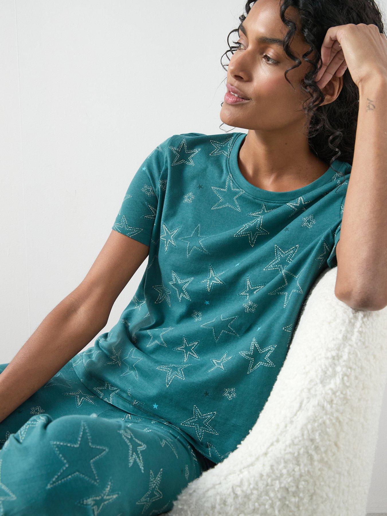  image of the-very-collection-star-print-short-sleeve-t-shirt-and-slim-leg-pyjama-set-teal