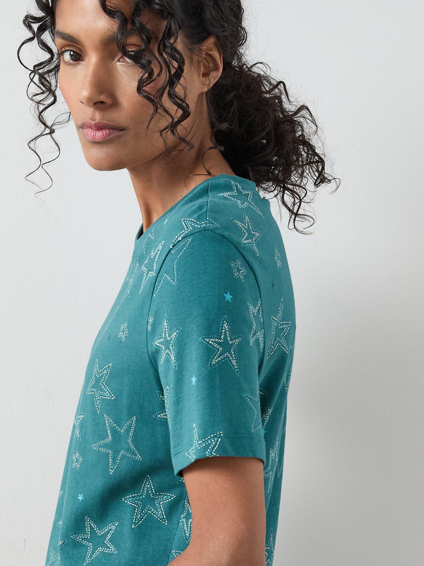  image of the-very-collection-star-print-short-sleeve-t-shirt-and-slim-leg-pyjama-set-teal