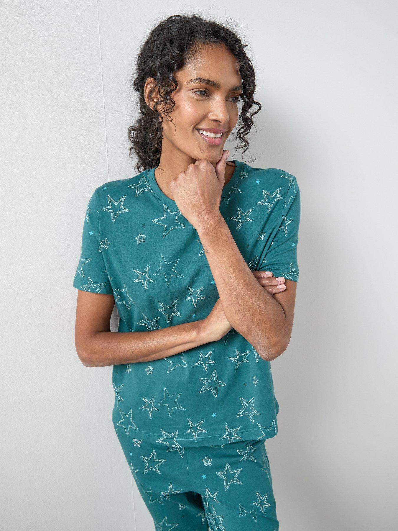  image of the-very-collection-star-print-short-sleeve-t-shirt-and-slim-leg-pyjama-set-teal