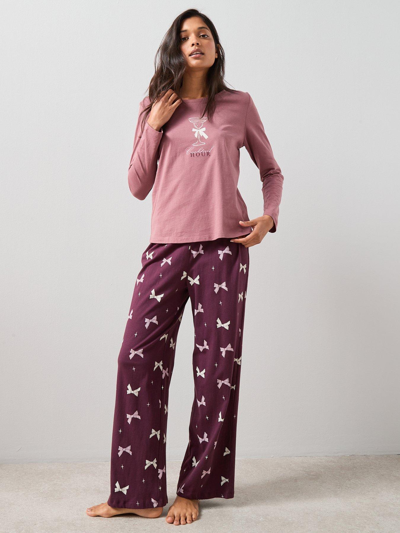 front image of the-very-collection-long-sleeve-tshirt-cocktail-print-with-ribbon-wide-leg-pj-set-red