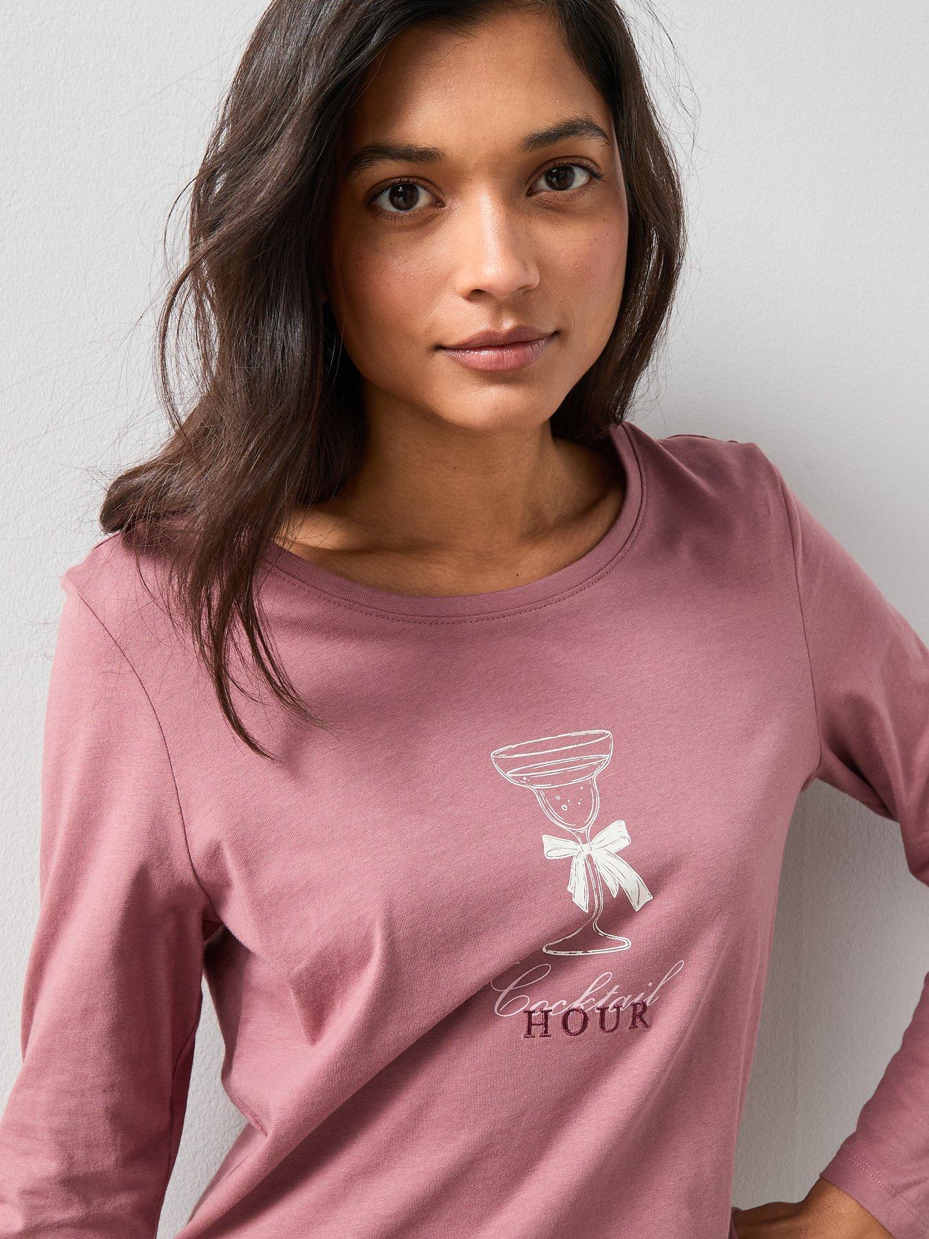  image of the-very-collection-long-sleeve-tshirt-cocktail-print-with-ribbon-wide-leg-pj-set-red