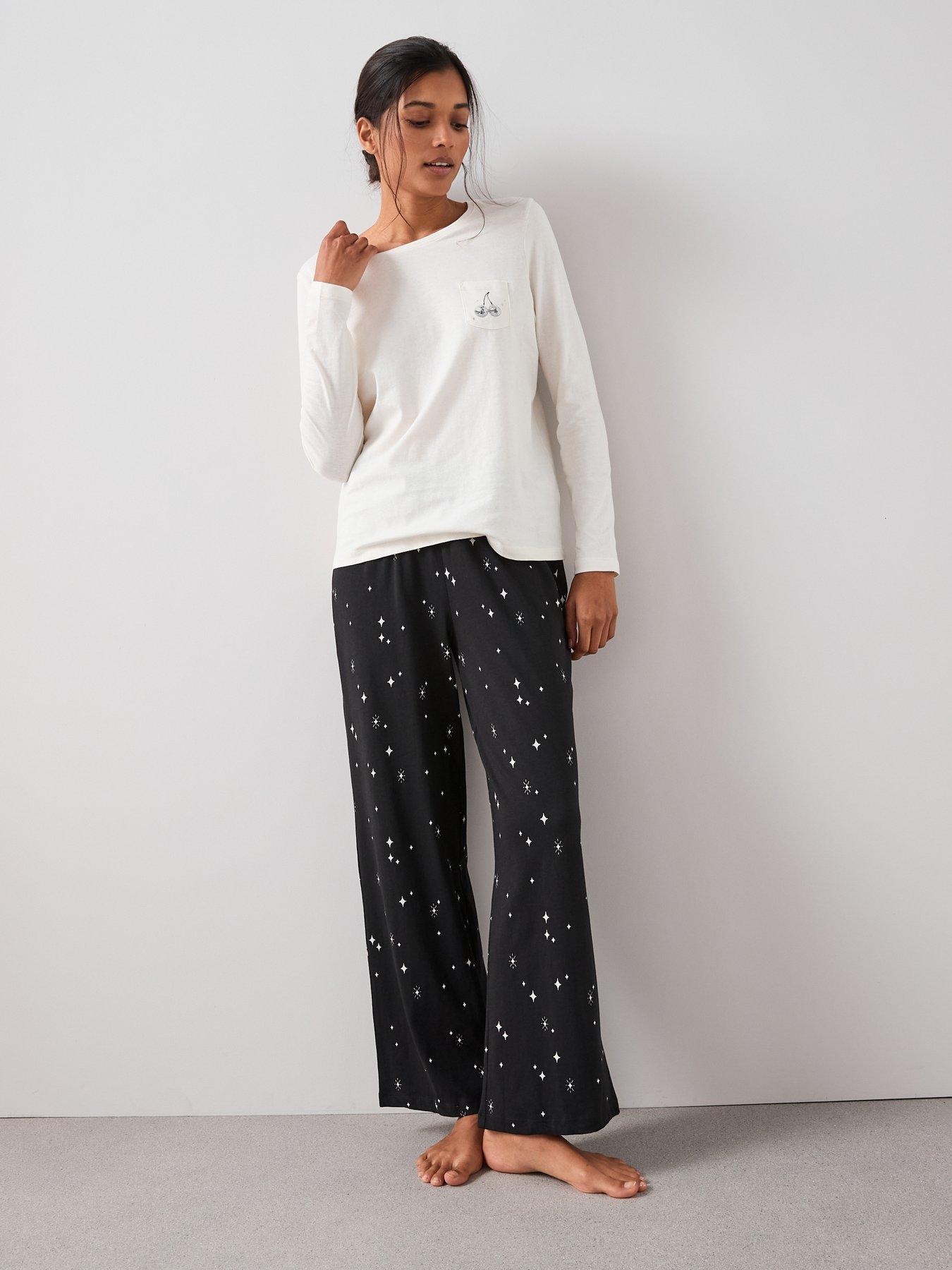  image of the-very-collection-long-sleeve-tshirt-disco-ball-pocket-detail-with-wide-leg-pj-set-white