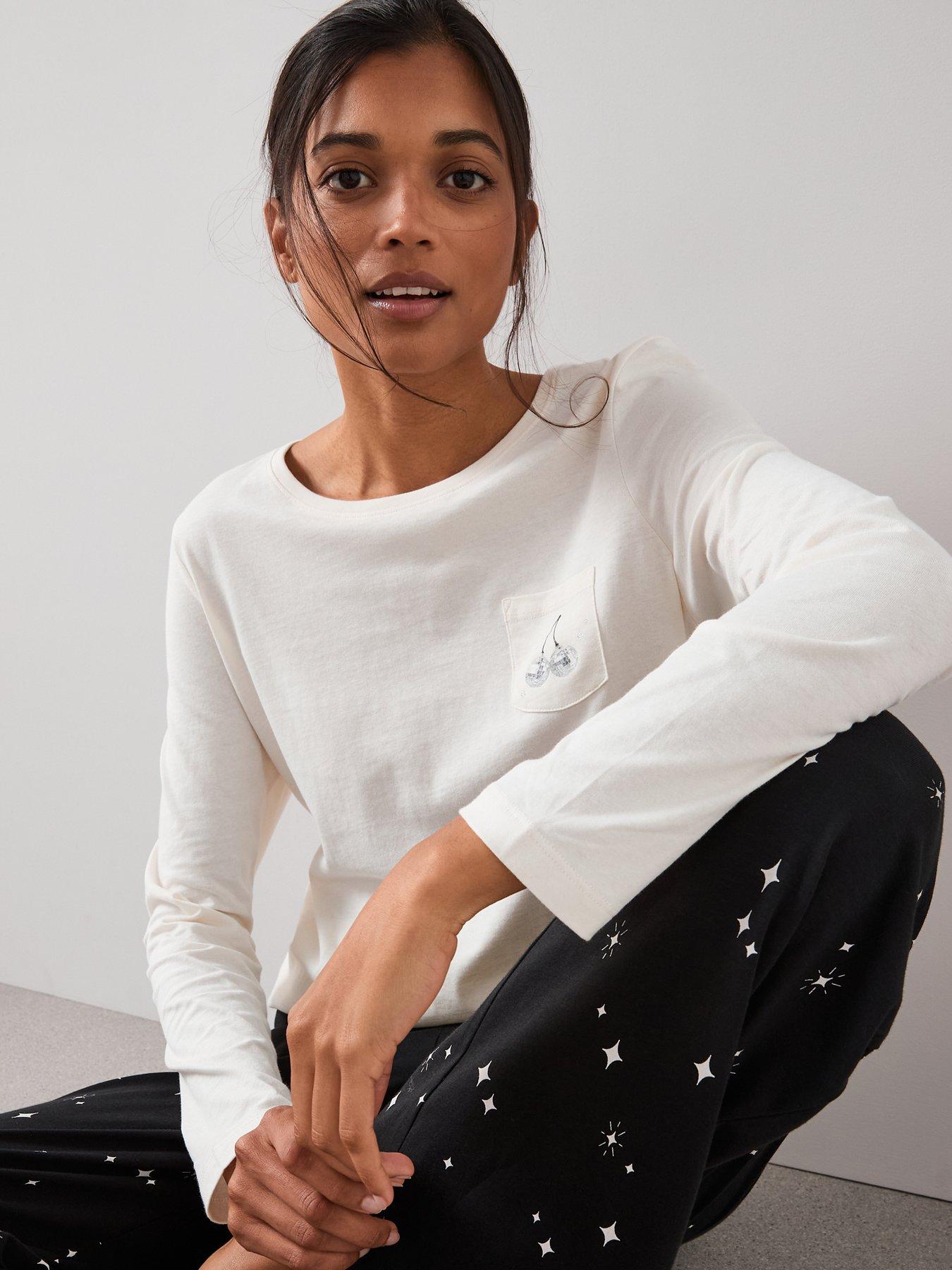  image of the-very-collection-long-sleeve-tshirt-disco-ball-pocket-detail-with-wide-leg-pj-set-white
