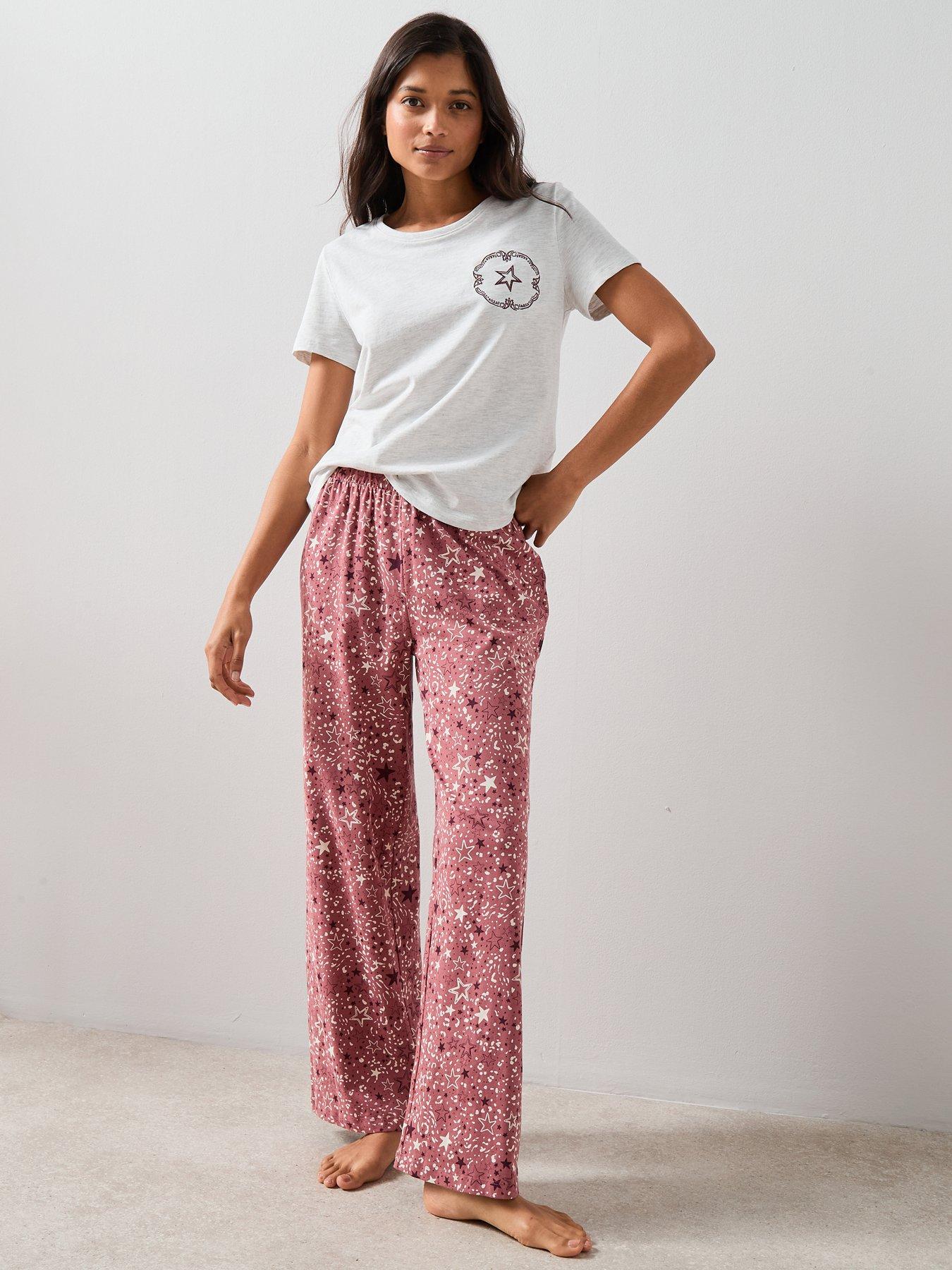 image of the-very-collection-short-sleeve-tshirt-with-star-aop-wide-leg-pj-set-oatmeal