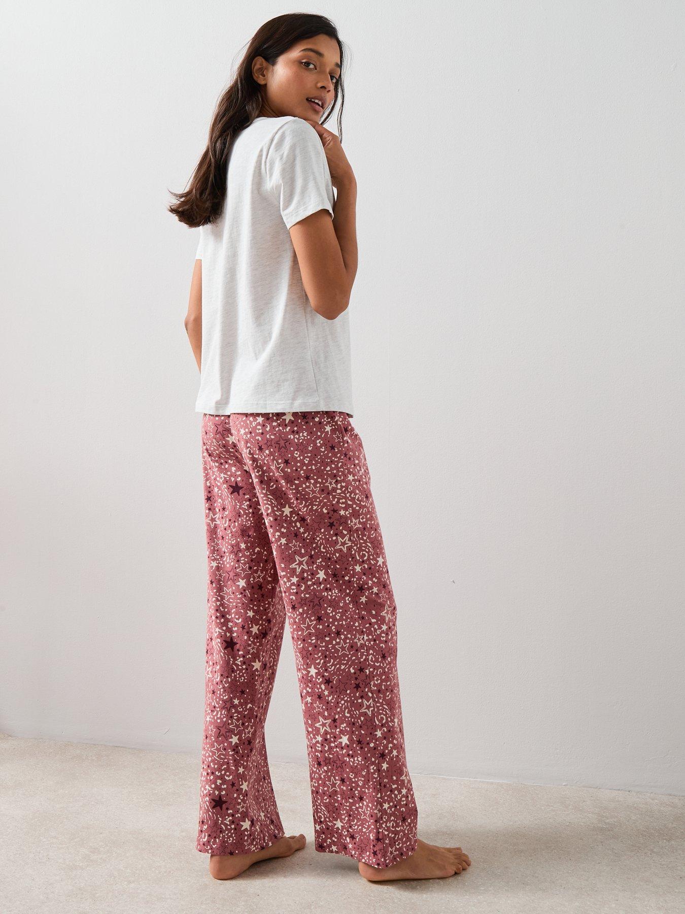  image of the-very-collection-short-sleeve-tshirt-with-star-aop-wide-leg-pj-set-oatmeal