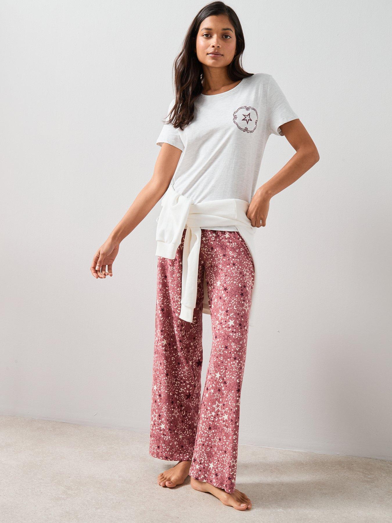  image of the-very-collection-short-sleeve-tshirt-with-star-aop-wide-leg-pj-set-oatmeal
