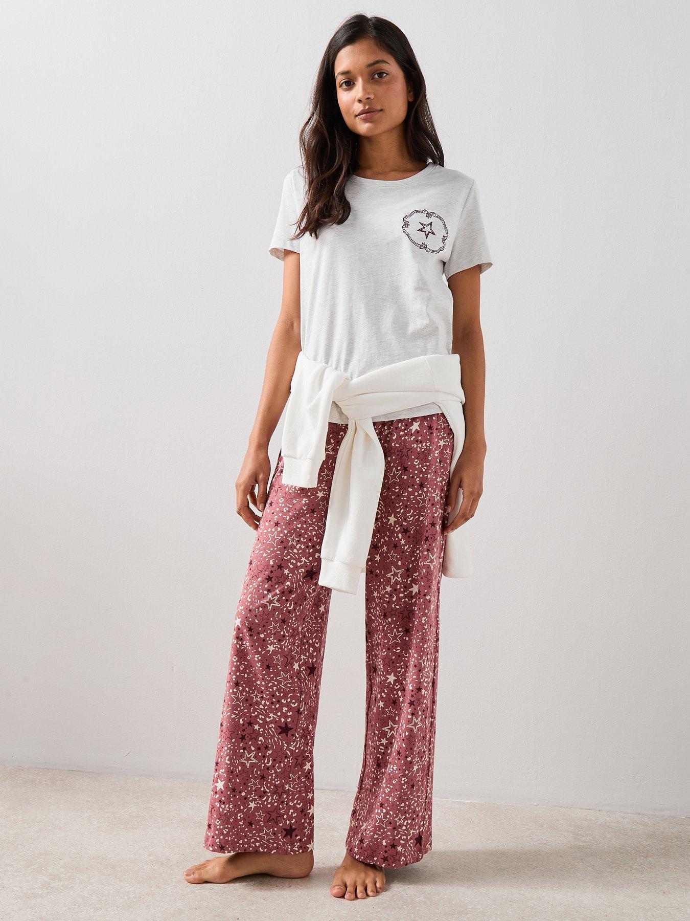  image of the-very-collection-short-sleeve-tshirt-with-star-aop-wide-leg-pj-set-oatmeal
