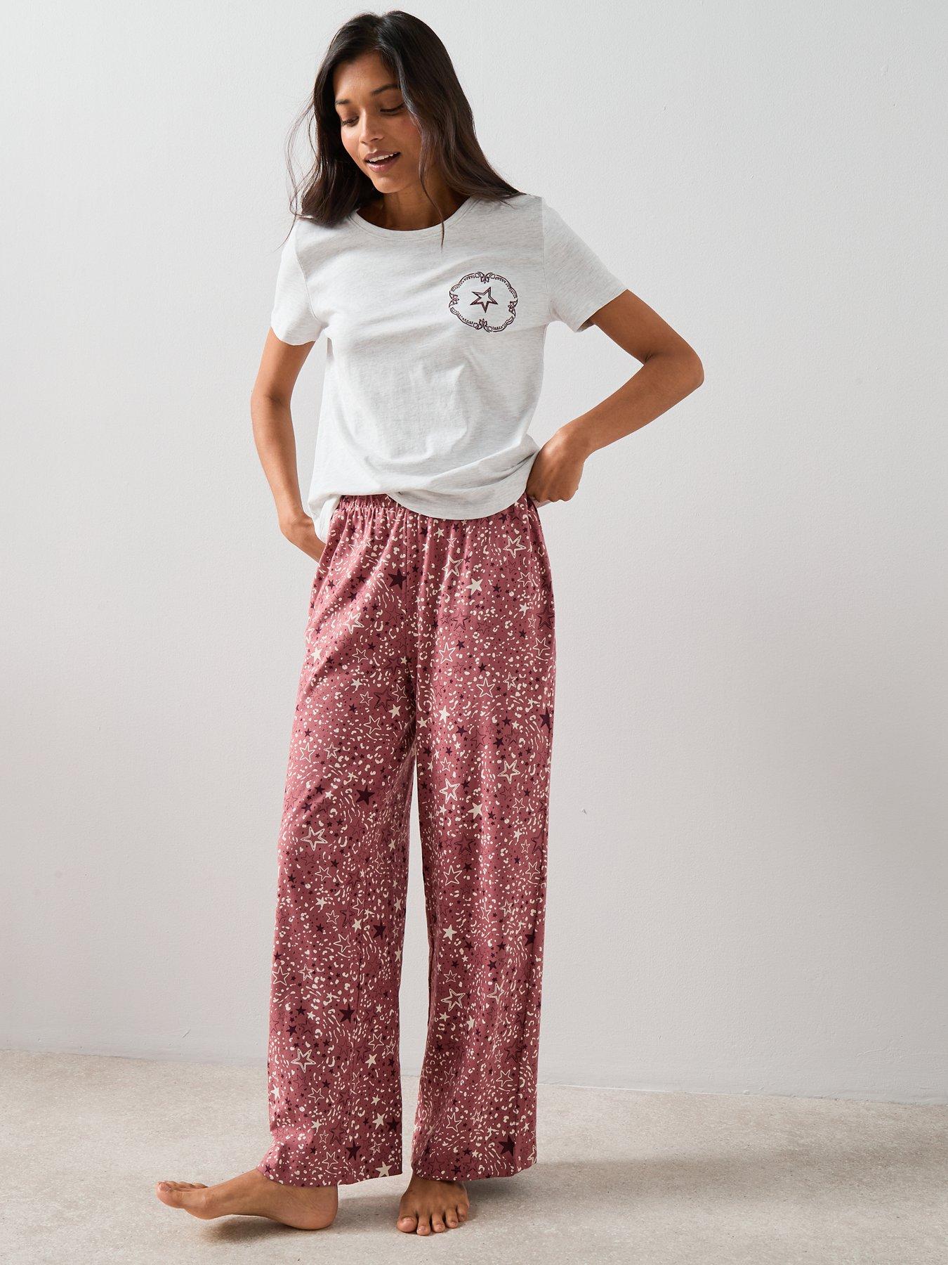  image of the-very-collection-short-sleeve-tshirt-with-star-aop-wide-leg-pj-set-oatmeal